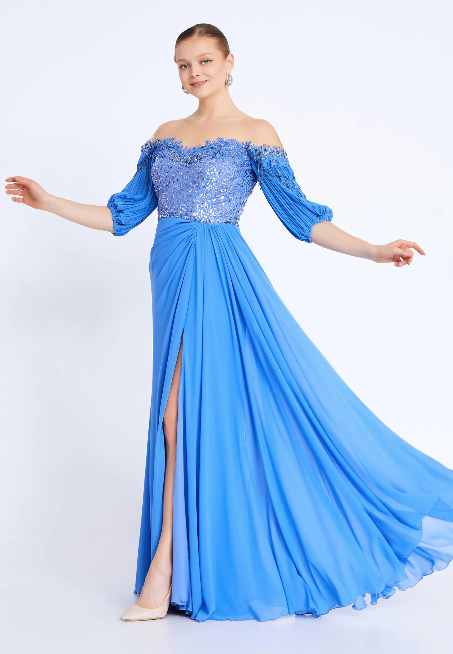 Short Sleeve Maxi Chiffon Mermaid Plus Size Wedding Guest Dress omn691 - Image 3