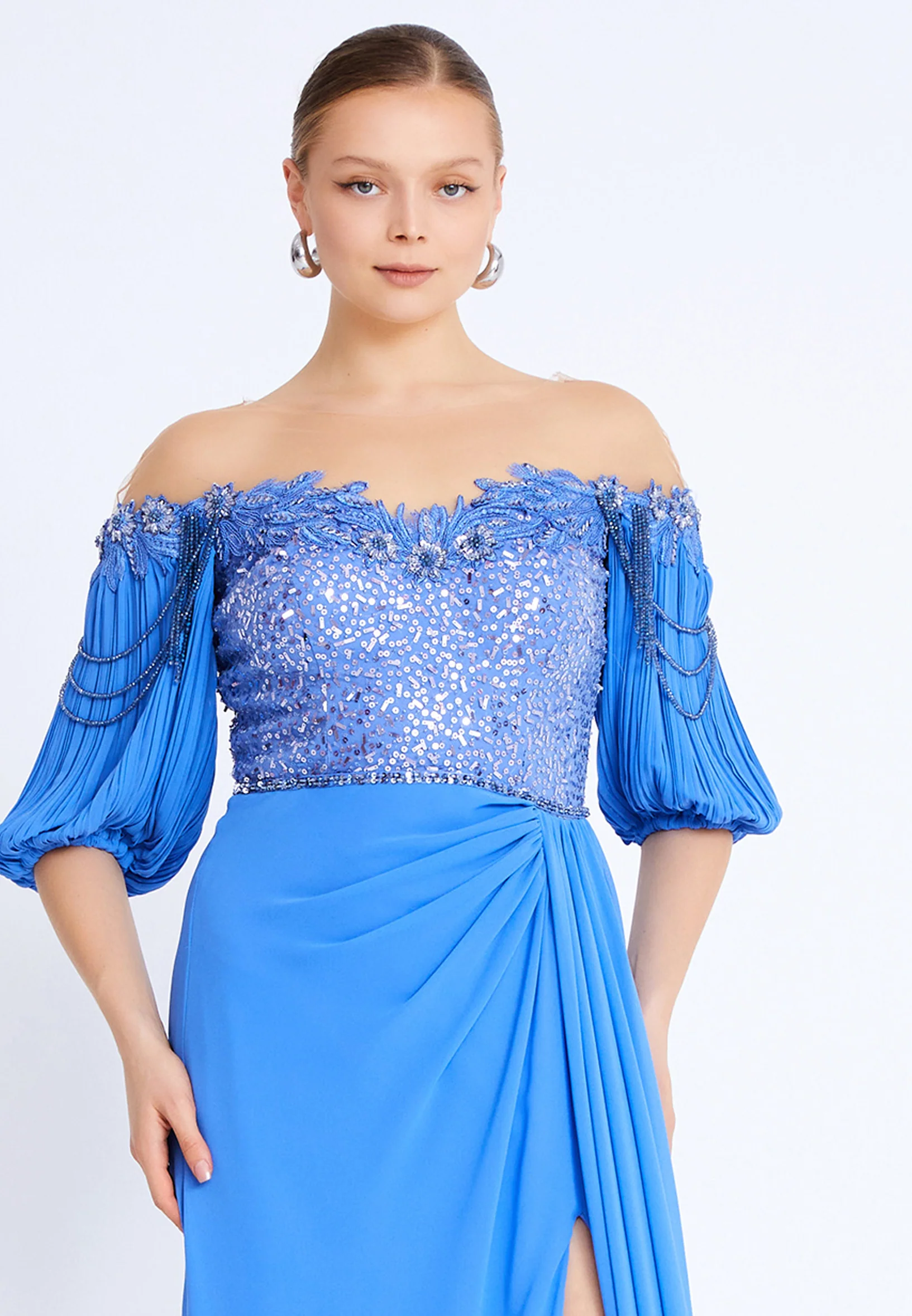 Short Sleeve Maxi Chiffon Mermaid Plus Size Wedding Guest Dress omn691 - Image 4