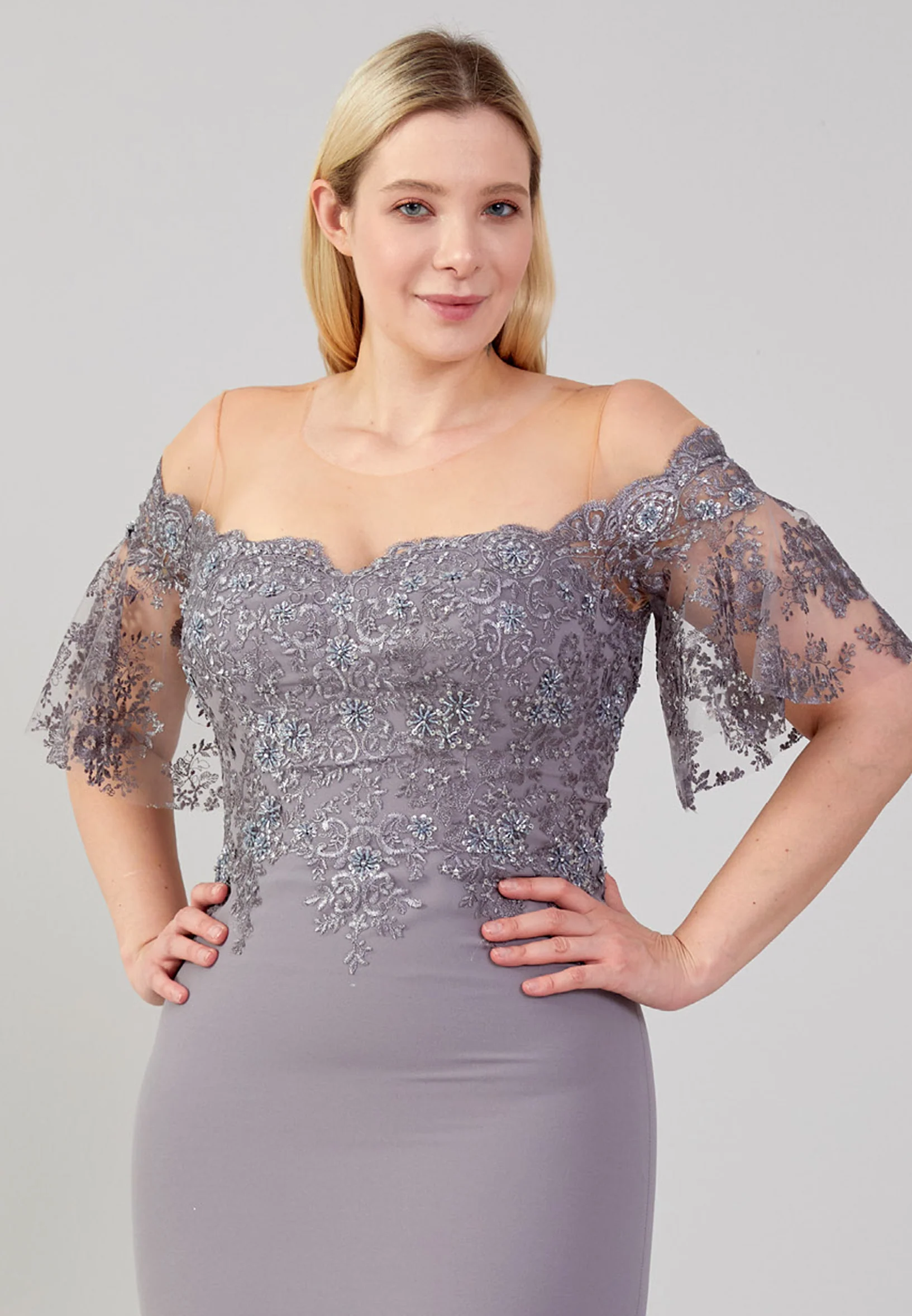 Short Sleeve Maxi Crepe Mermaid Plus Size Evening Dress omn654-b - Image 10