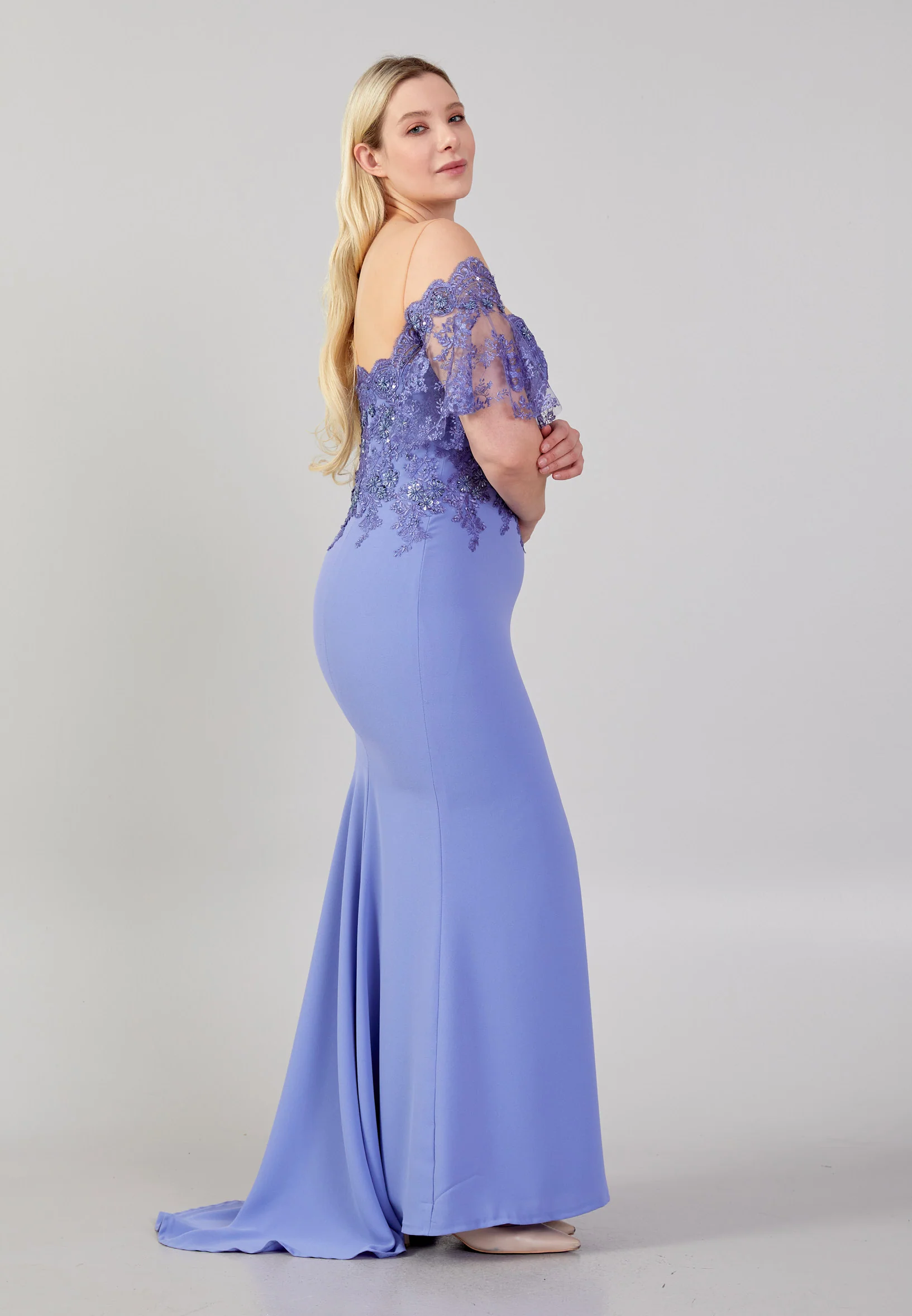 Short Sleeve Maxi Crepe Mermaid Plus Size Evening Dress omn654-b - Image 4