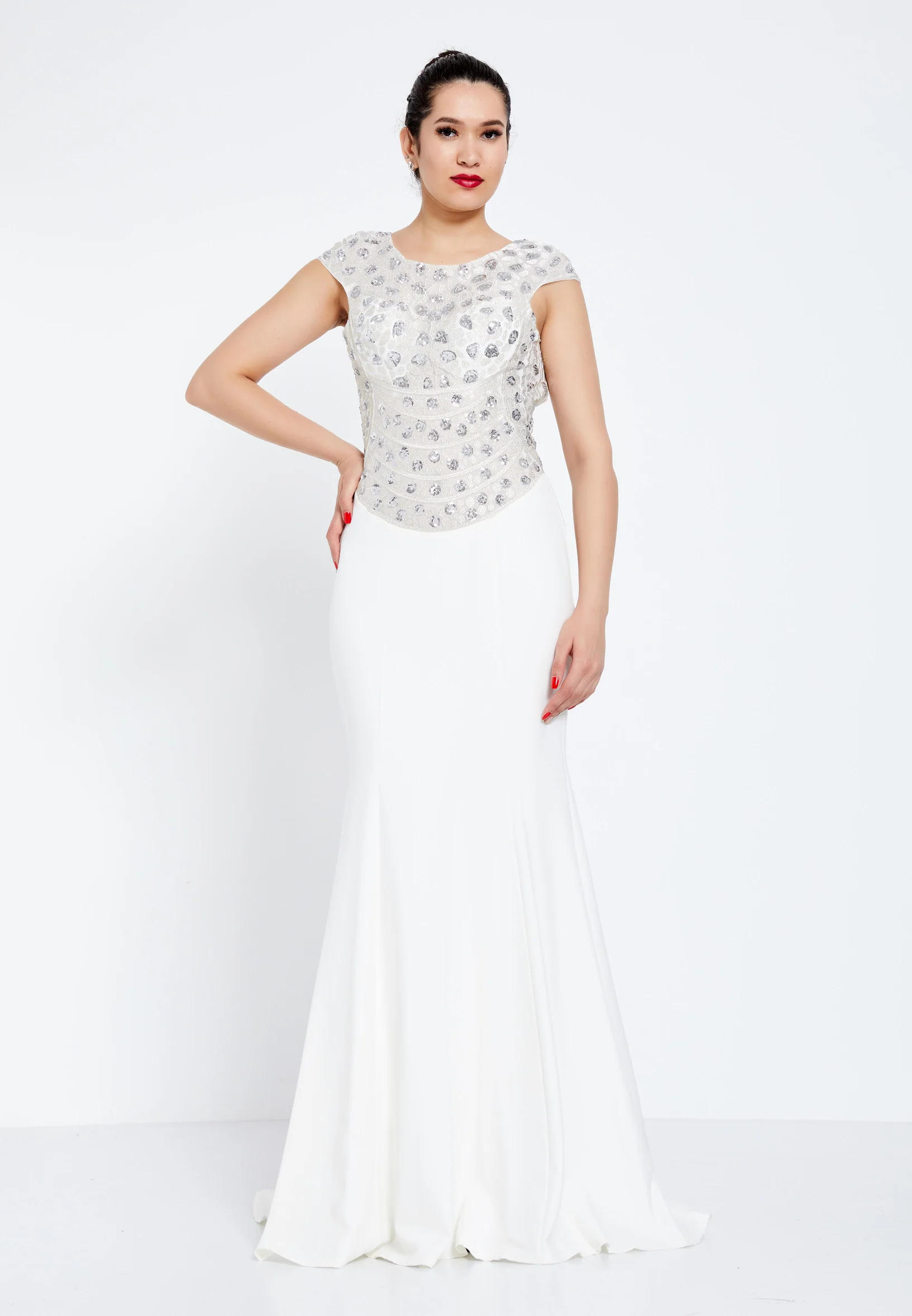 Short Sleeve Maxi Crepe Mermaid Regular Evening Dress ppl00655 - Image 5