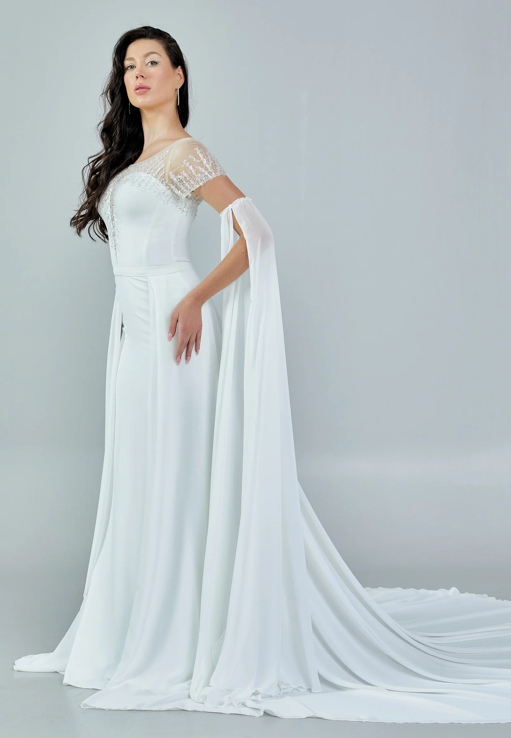 Short Sleeve Maxi Crepe Regular Wedding Dress bnc8030 - Image 6