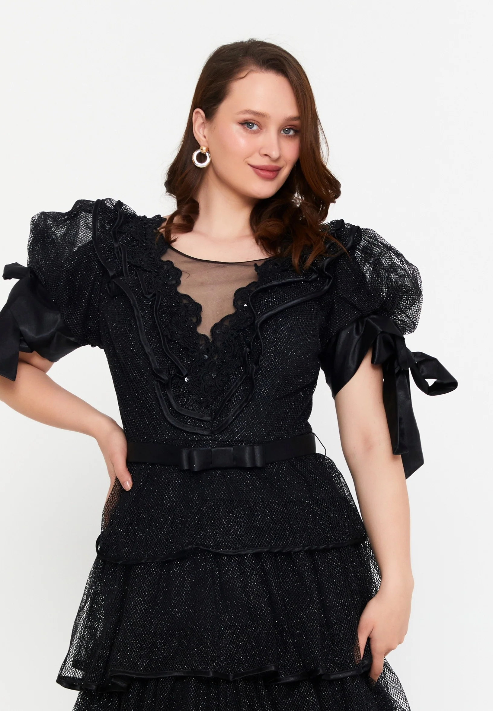 Short Sleeve Maxi Lace A - Line Plus Size Prom Dress crm8854-1 - Image 4