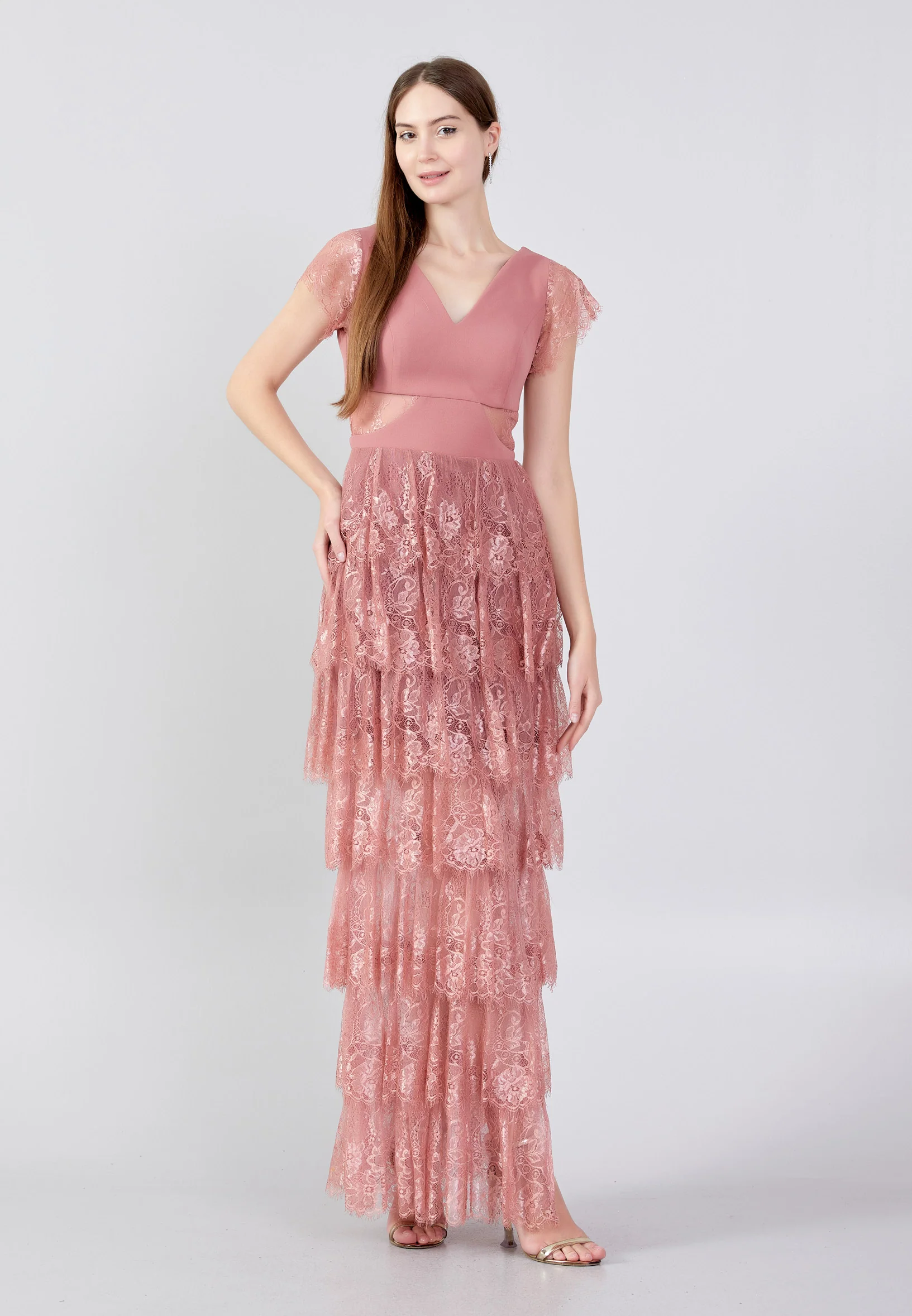 Short Sleeve Maxi Lace Column Regular Wedding Guest Dress drd1016ab