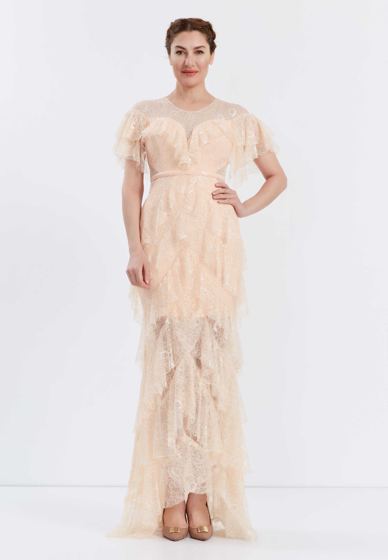 Short Sleeve Maxi Lace Column Regular Wedding Guest Dress frc6406