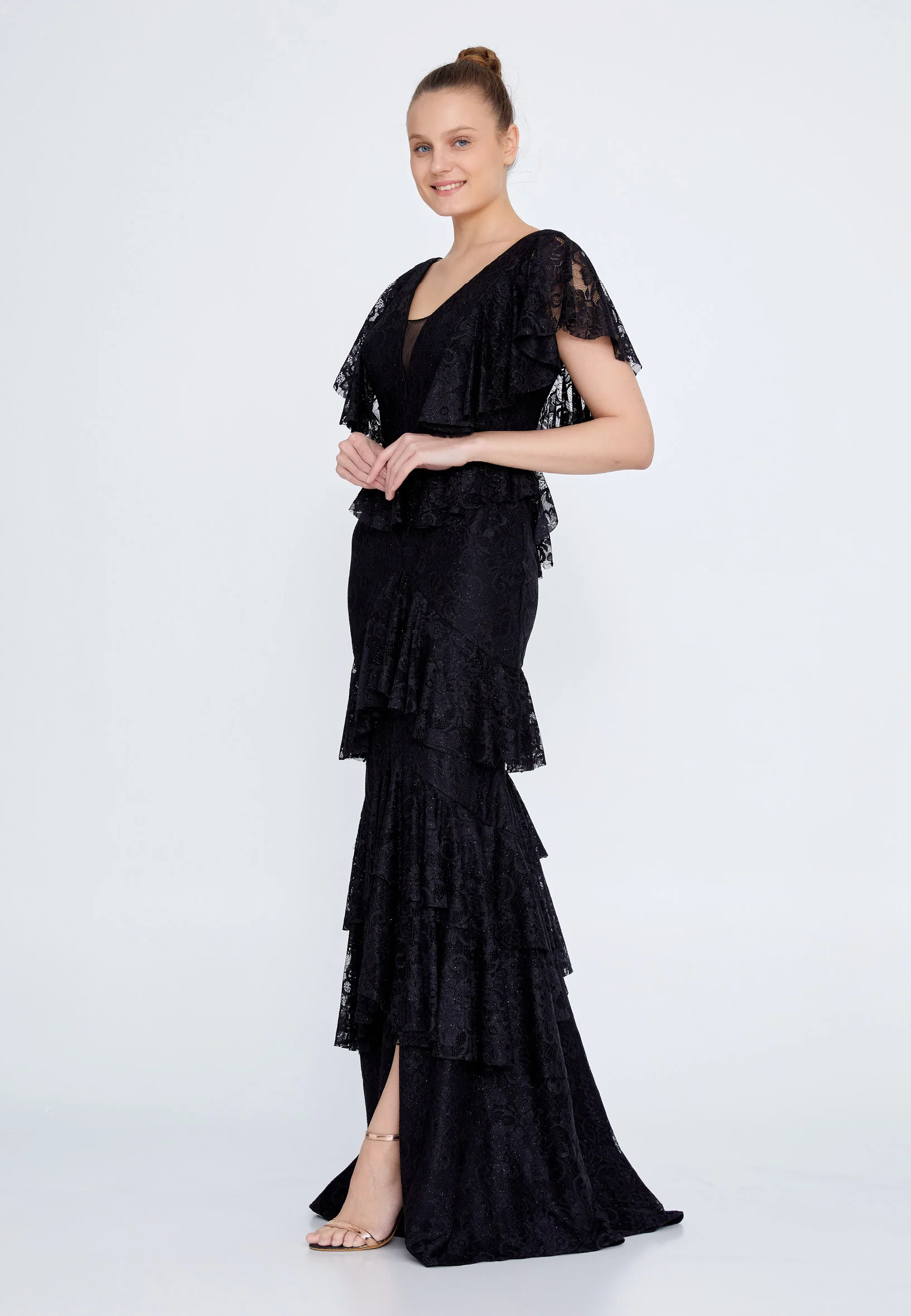 Short Sleeve Maxi Lace Column Regular Wedding Guest Dress rmn2960 - Image 3