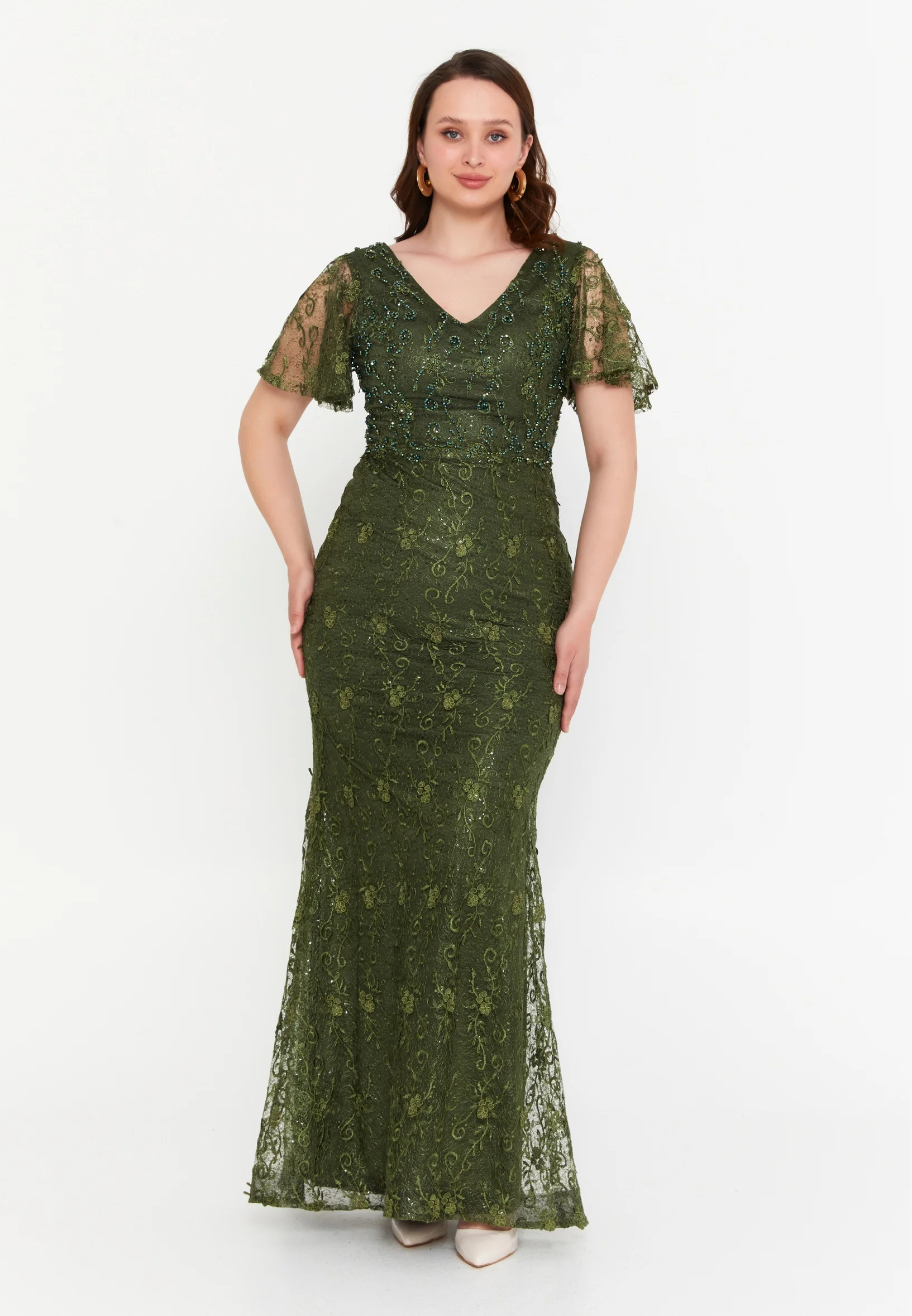Short Sleeve Maxi Lace Mermaid Plus Size Wedding Guest Dress aln1576-b