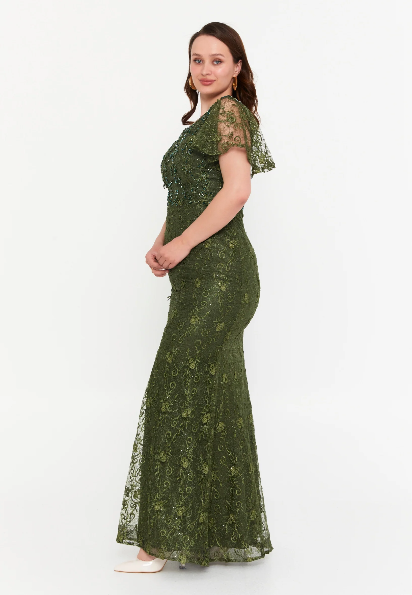 Short Sleeve Maxi Lace Mermaid Plus Size Wedding Guest Dress aln1576-b - Image 3