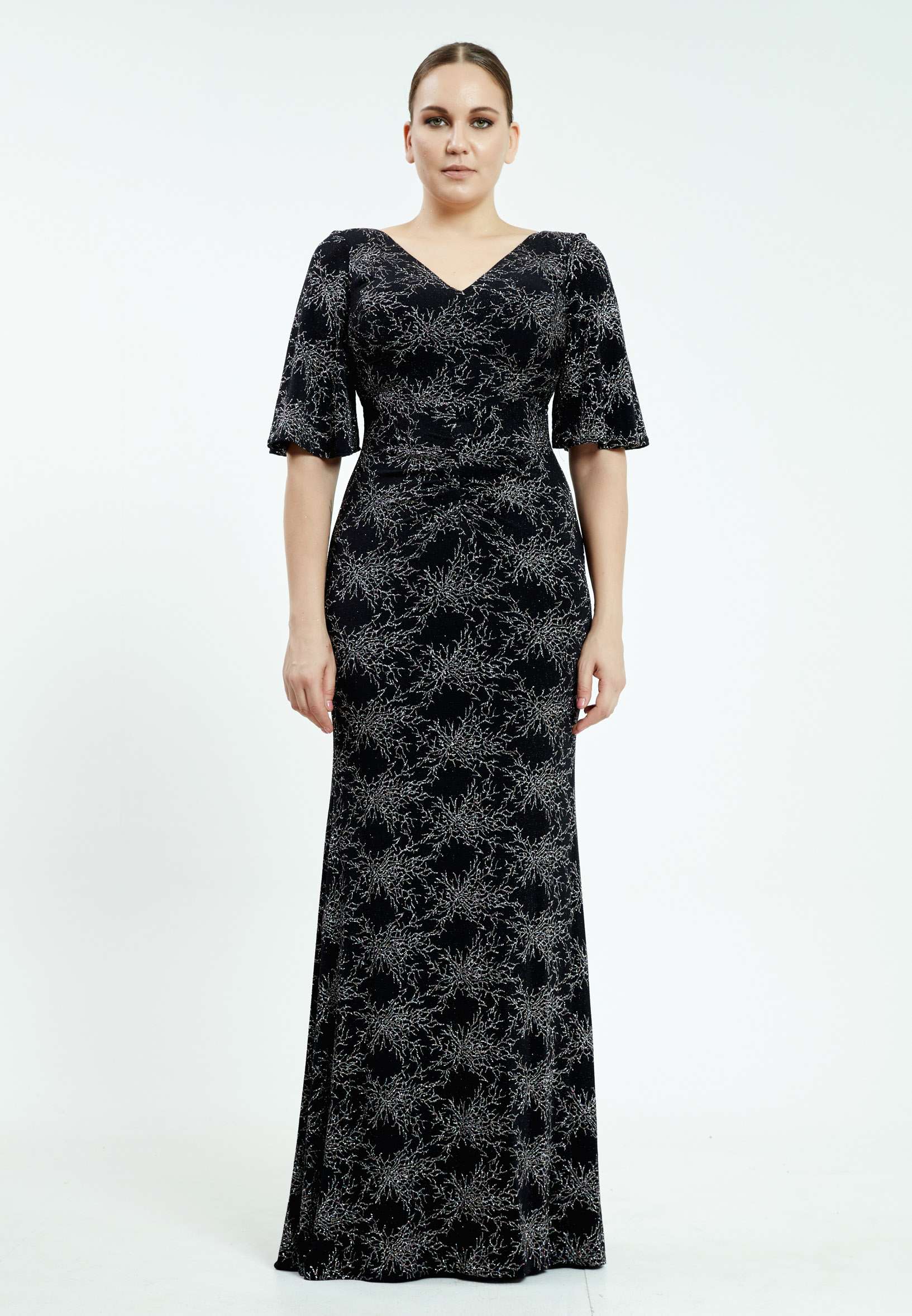 Short Sleeve Maxi Lycra Column Plus Size Prom Dress aln1337-b