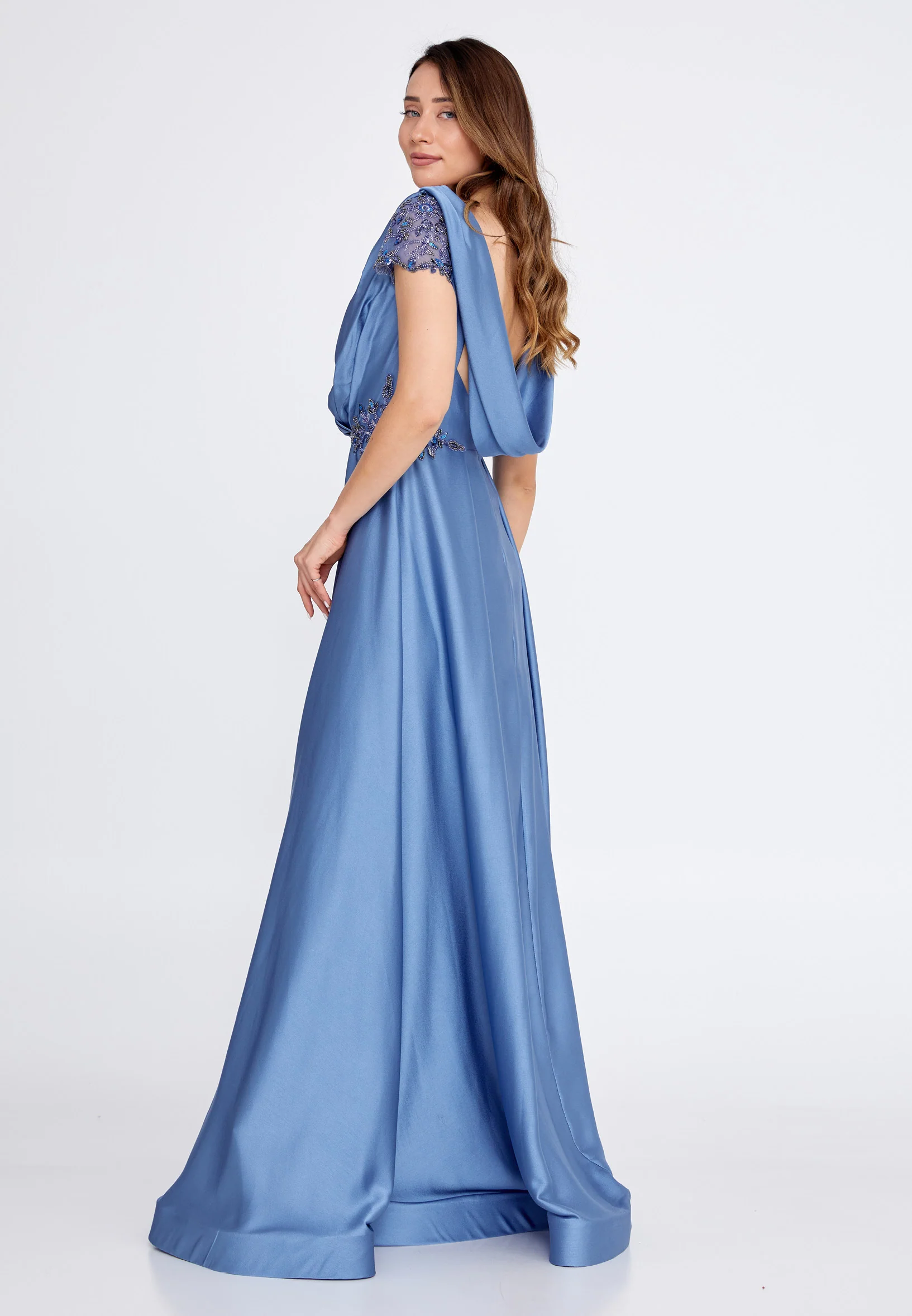 Short Sleeve Maxi Satin Mermaid Regular Wedding Guest Dress bql2414 - Image 11