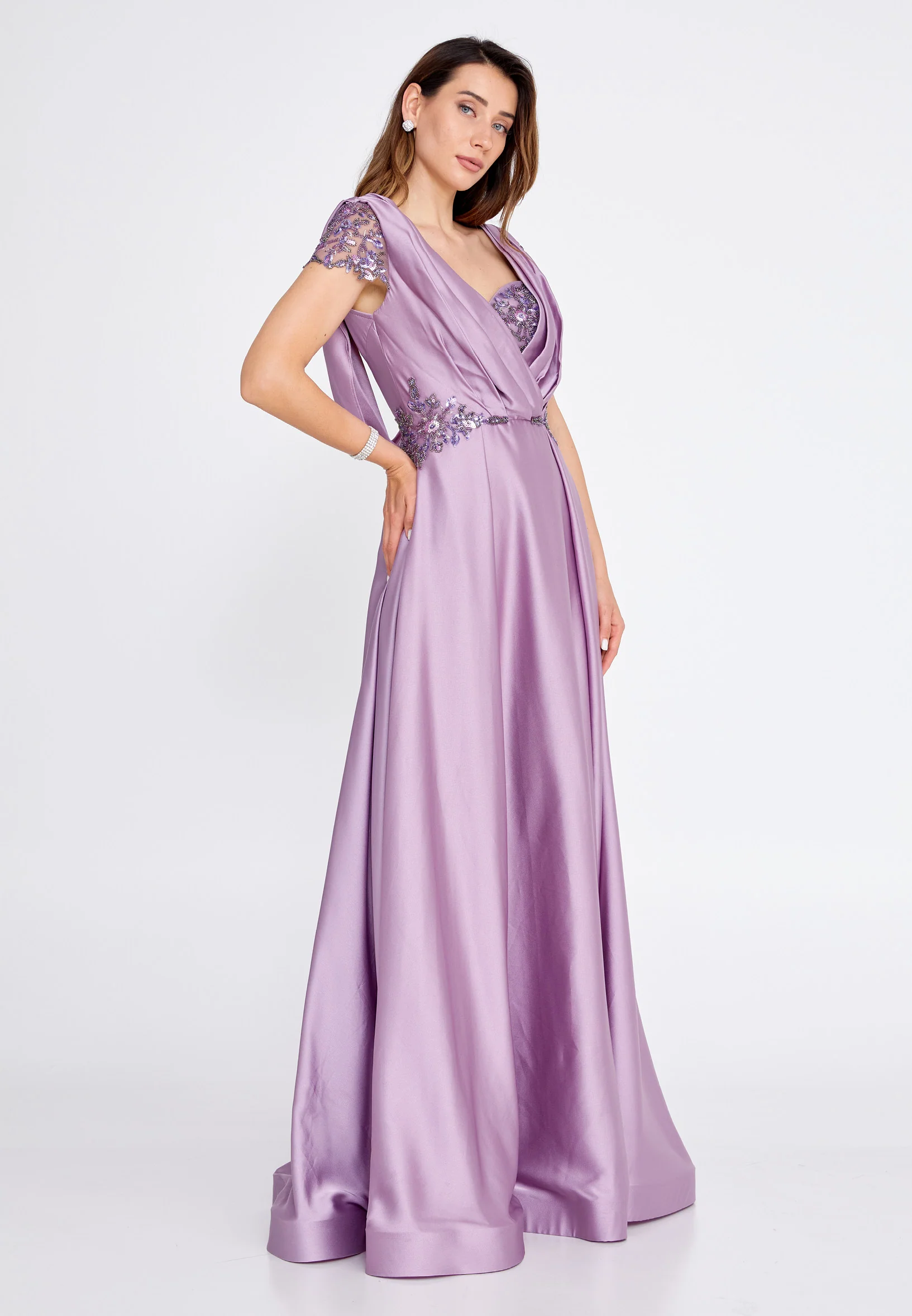 Short Sleeve Maxi Satin Mermaid Regular Wedding Guest Dress bql2414 - Image 15