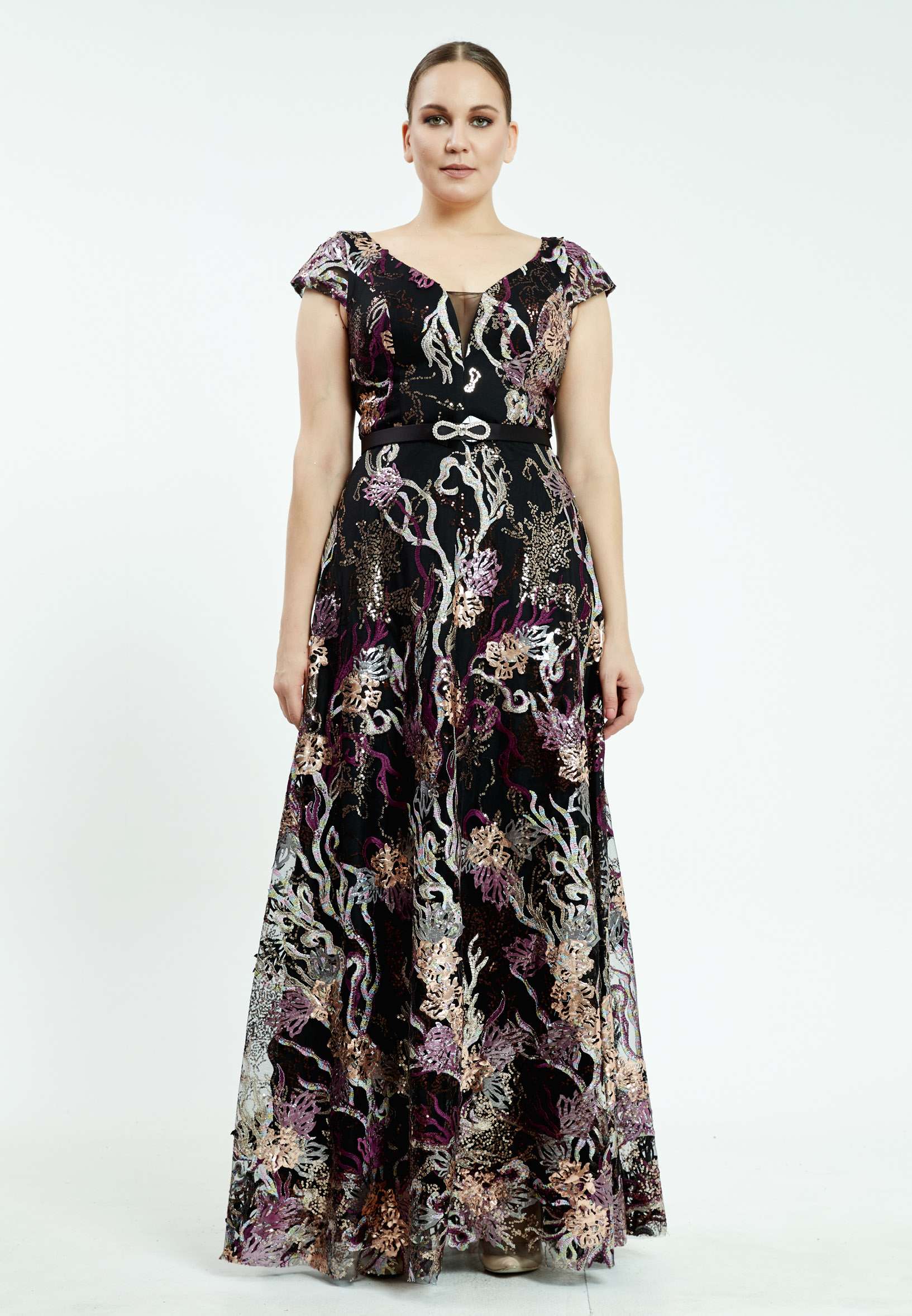 Short Sleeve Maxi Sequin A - Line Plus Size Prom Dress srn8341-b