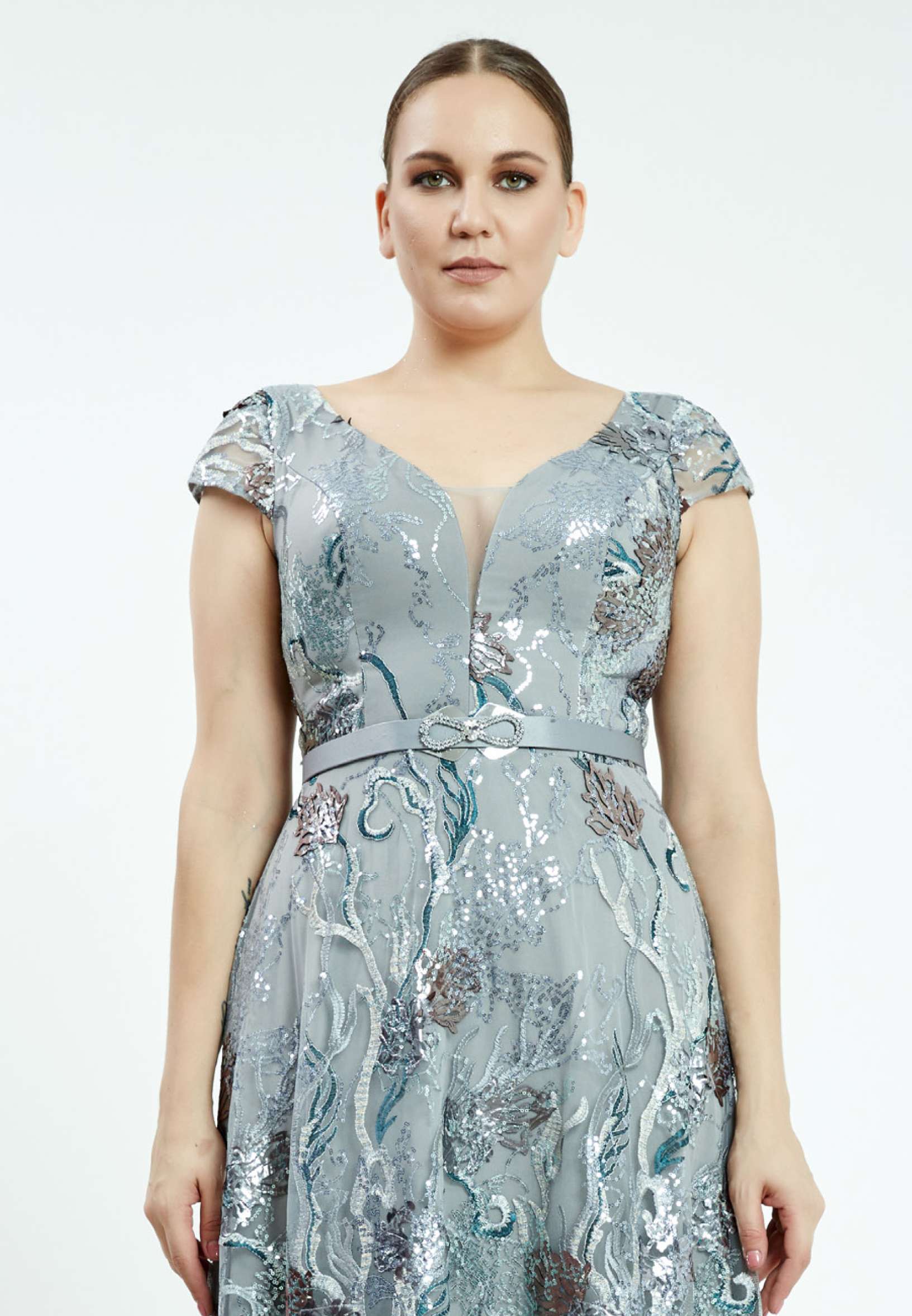 Short Sleeve Maxi Sequin A - Line Plus Size Prom Dress srn8341-b - Image 12