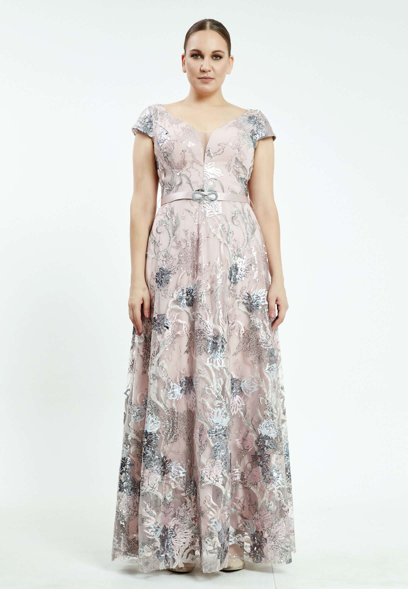 Short Sleeve Maxi Sequin A - Line Plus Size Prom Dress srn8341-b - Image 13