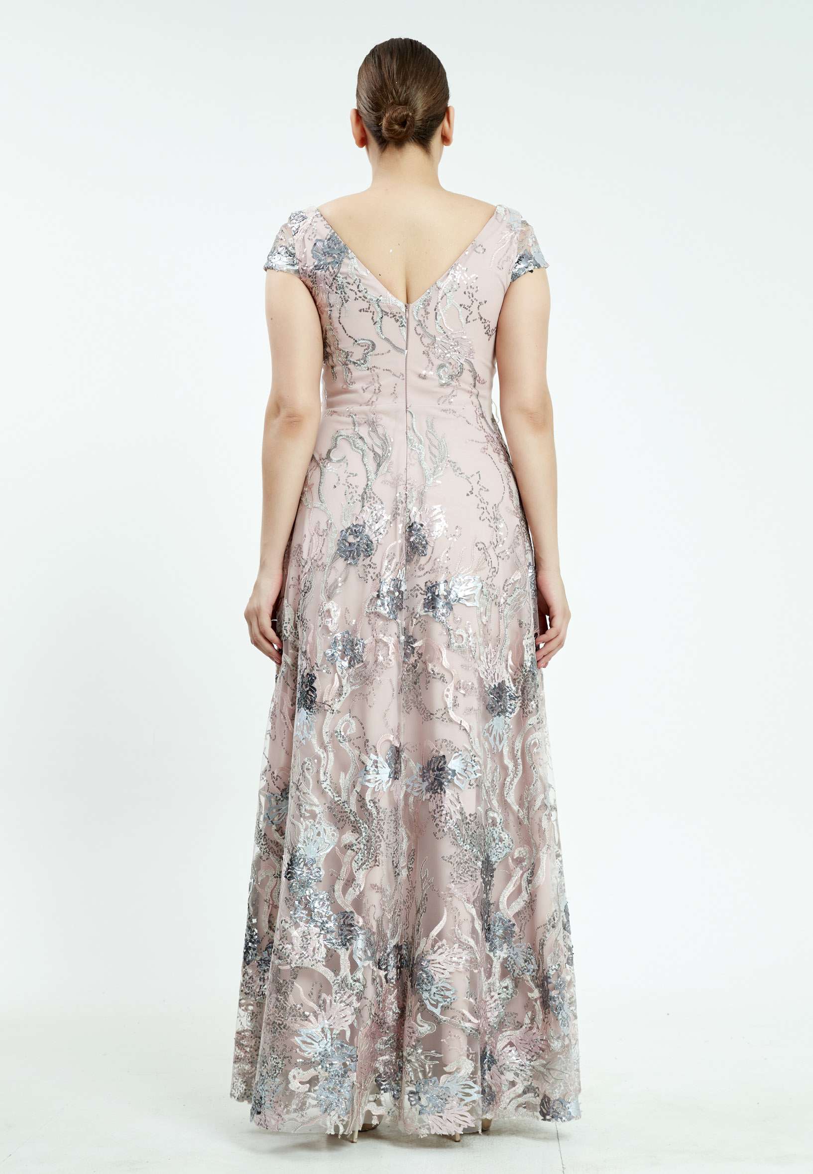 Short Sleeve Maxi Sequin A - Line Plus Size Prom Dress srn8341-b - Image 14