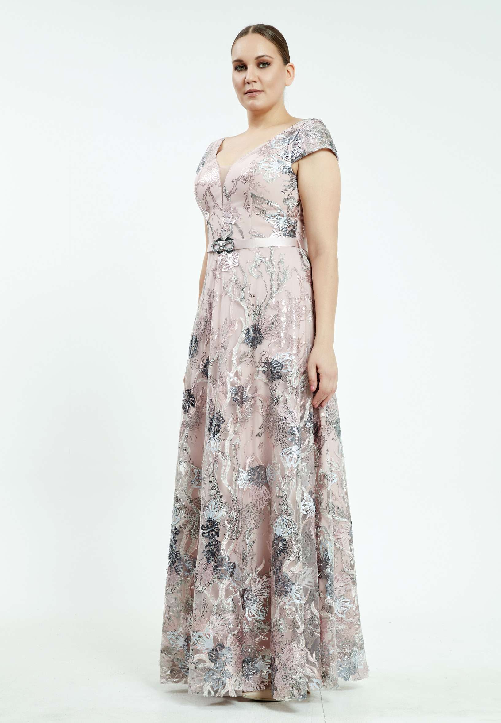 Short Sleeve Maxi Sequin A - Line Plus Size Prom Dress srn8341-b - Image 15