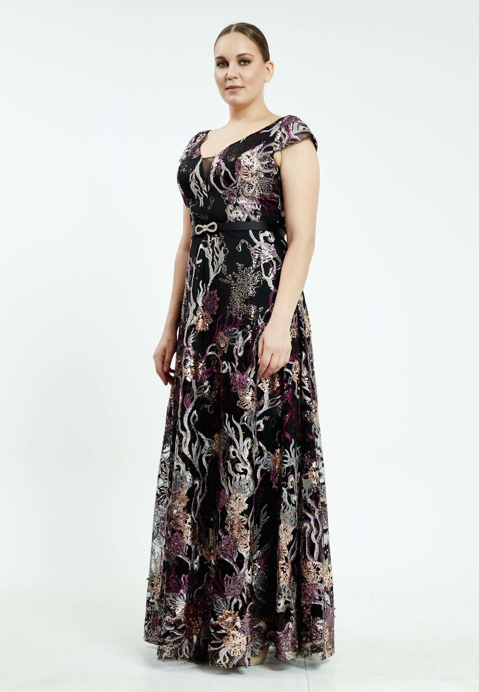 Short Sleeve Maxi Sequin A - Line Plus Size Prom Dress srn8341-b - Image 3