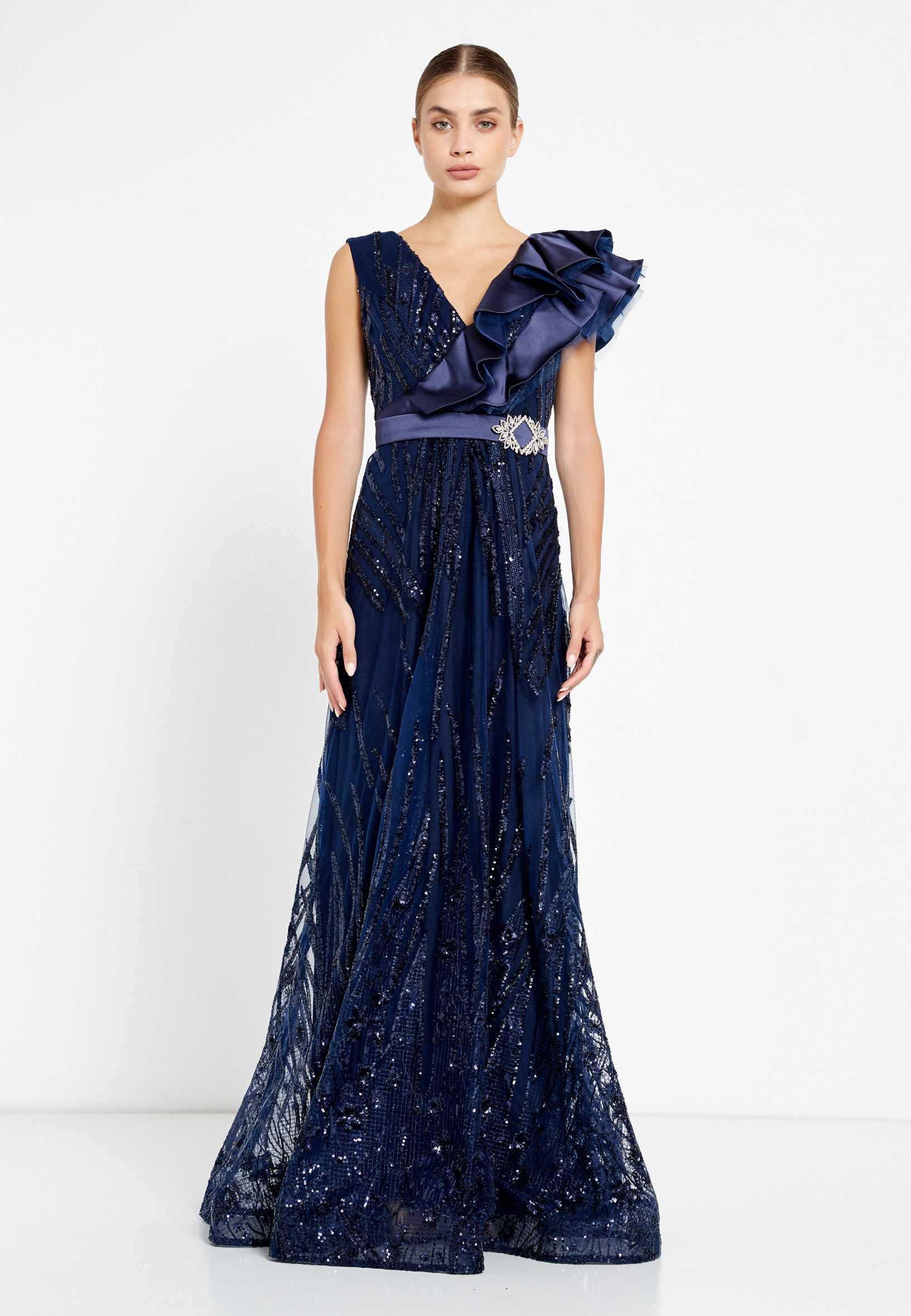 Short Sleeve Maxi Sequin A - Line Regular Prom Dress rmn2908 - Image 13
