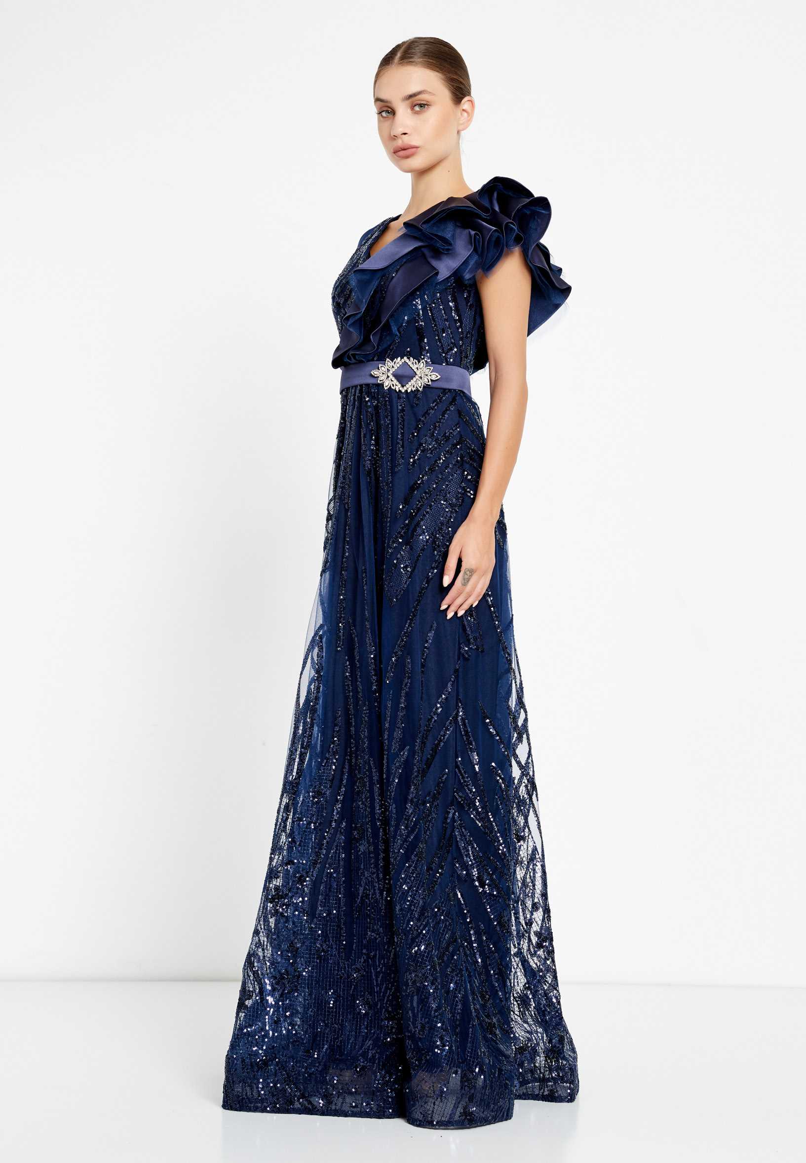 Short Sleeve Maxi Sequin A - Line Regular Prom Dress rmn2908 - Image 15