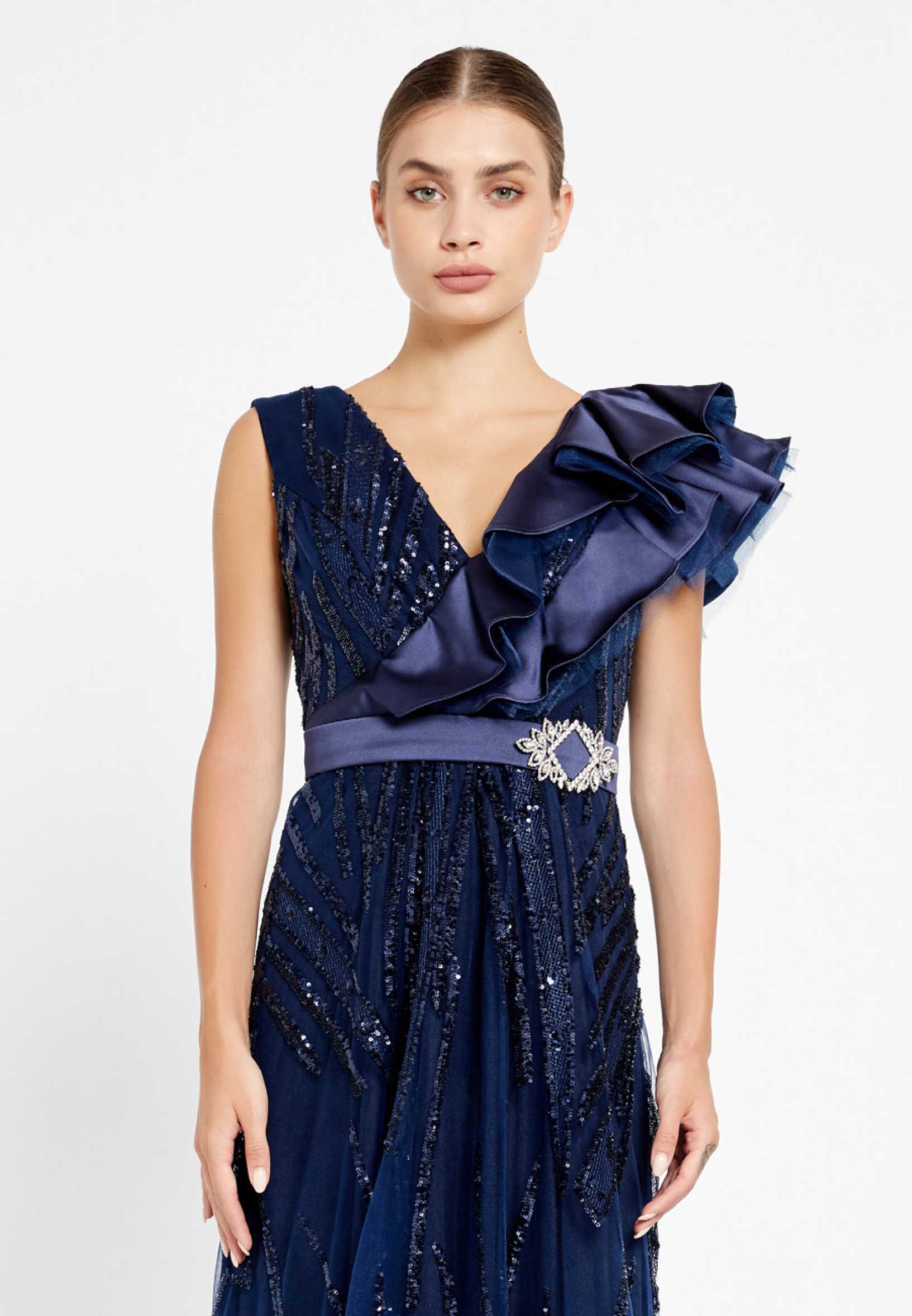 Short Sleeve Maxi Sequin A - Line Regular Prom Dress rmn2908 - Image 16