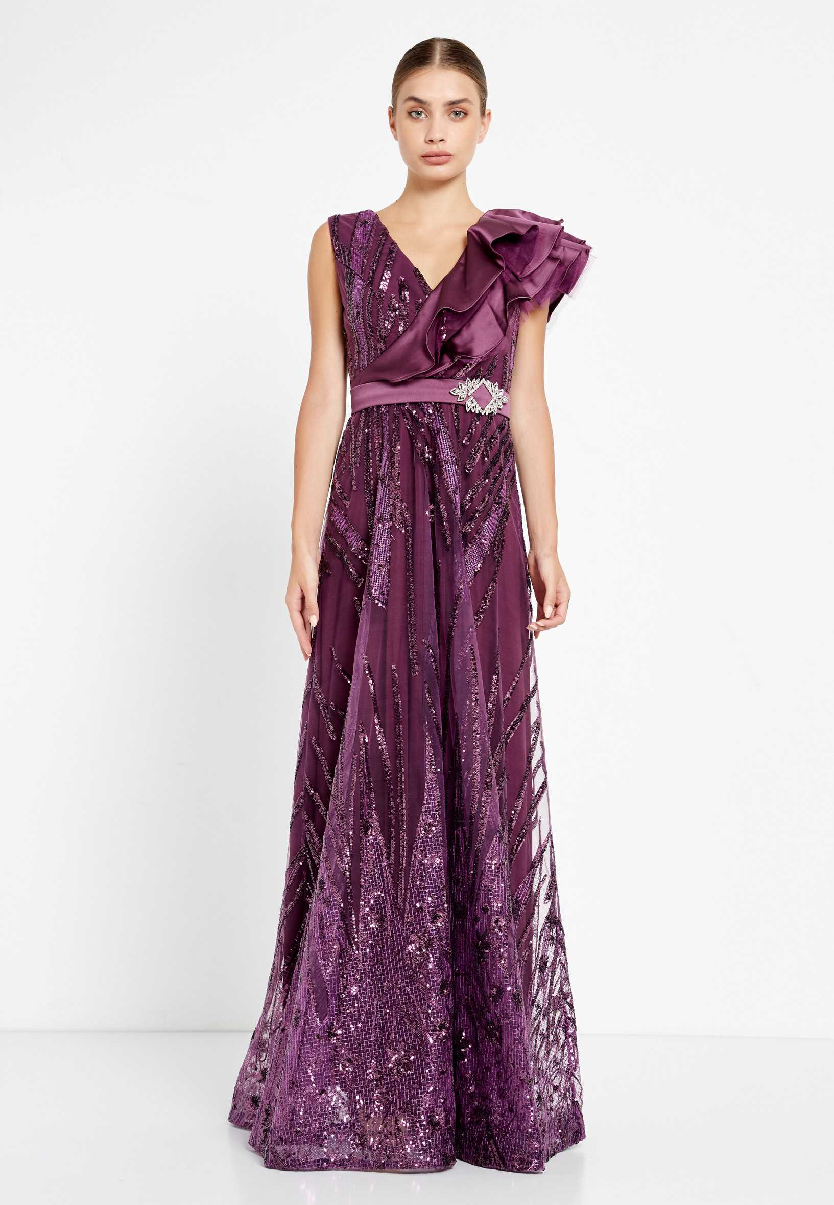 Short Sleeve Maxi Sequin A - Line Regular Prom Dress rmn2908 - Image 17