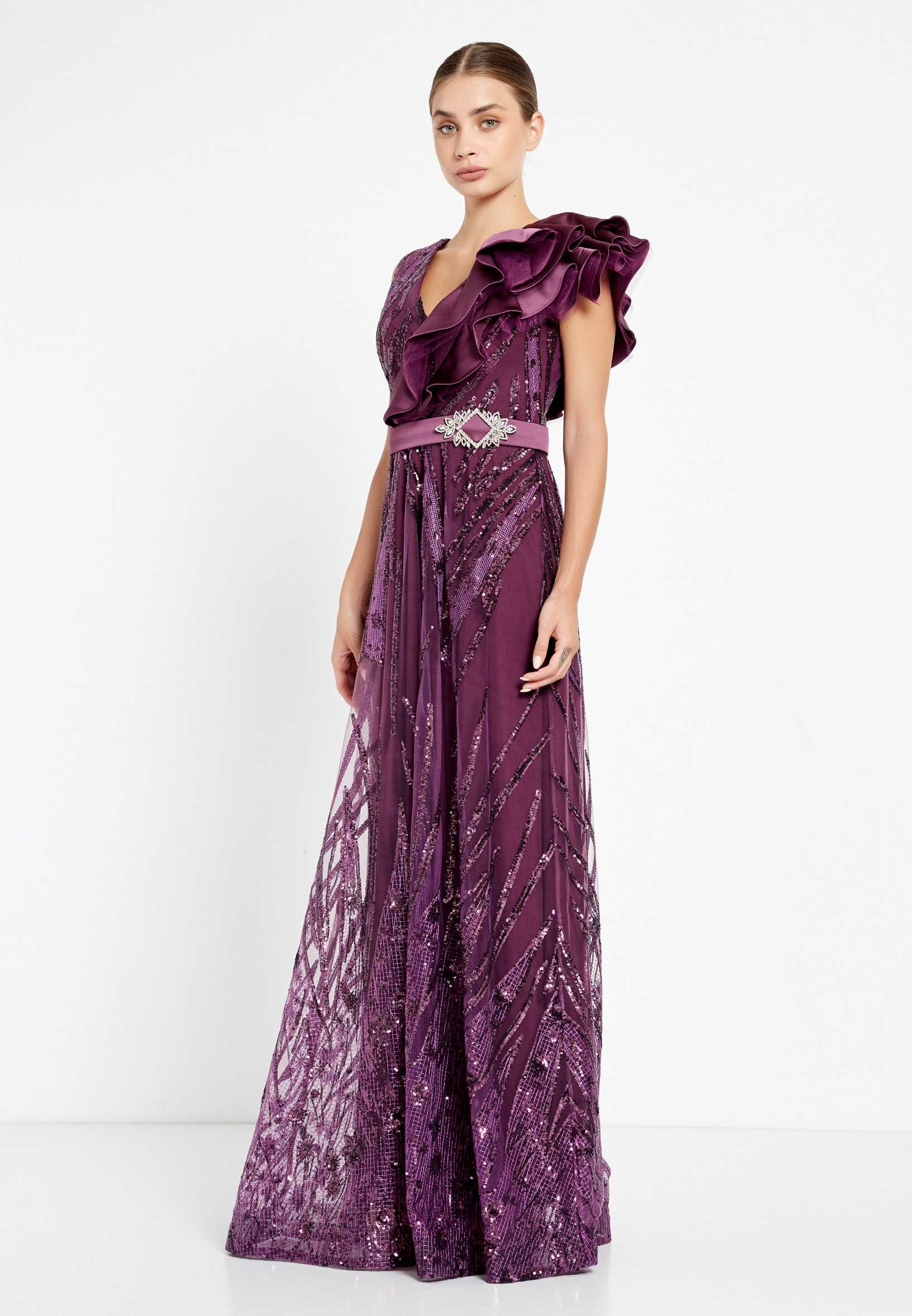 Short Sleeve Maxi Sequin A - Line Regular Prom Dress rmn2908 - Image 19