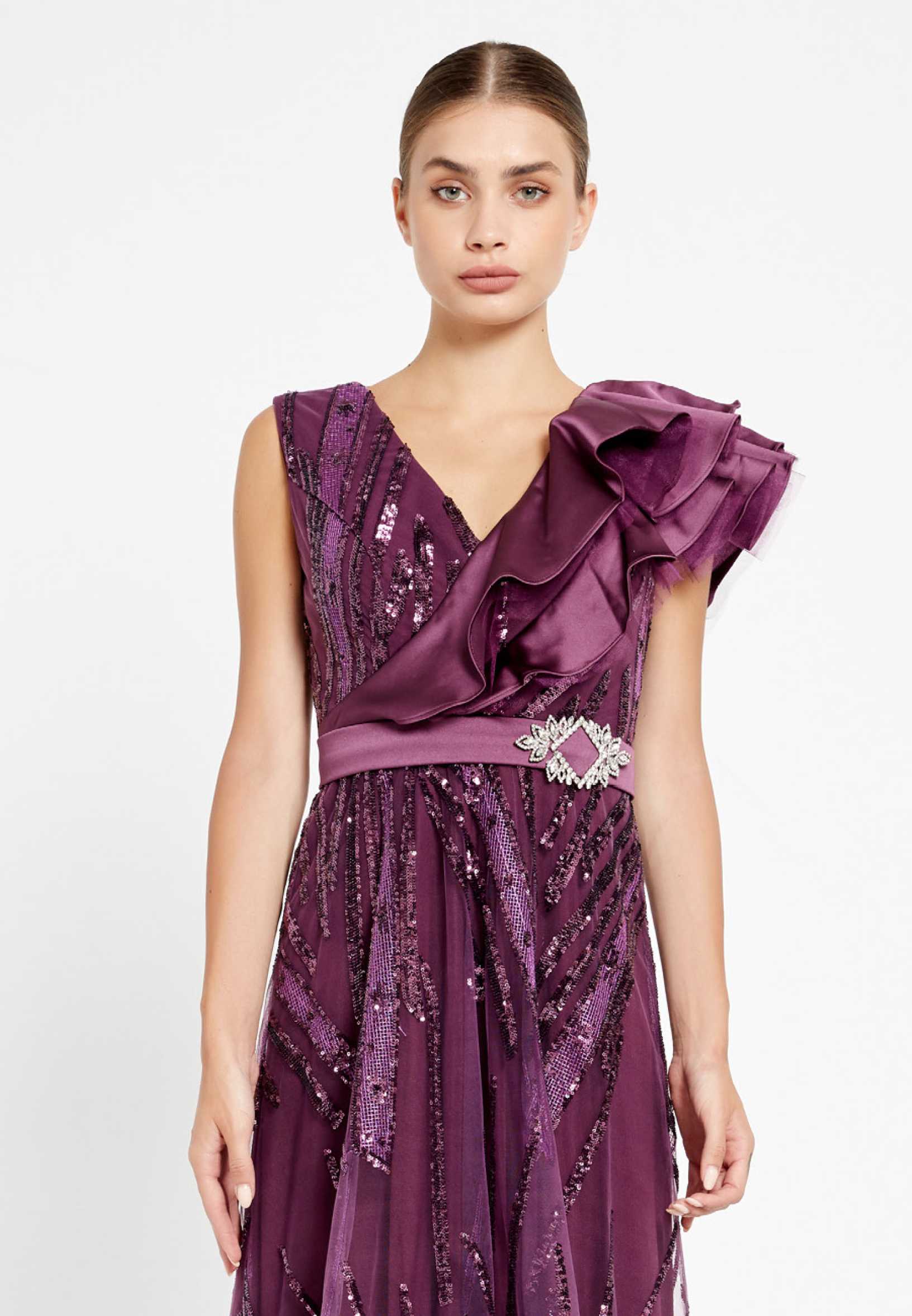 Short Sleeve Maxi Sequin A - Line Regular Prom Dress rmn2908 - Image 20