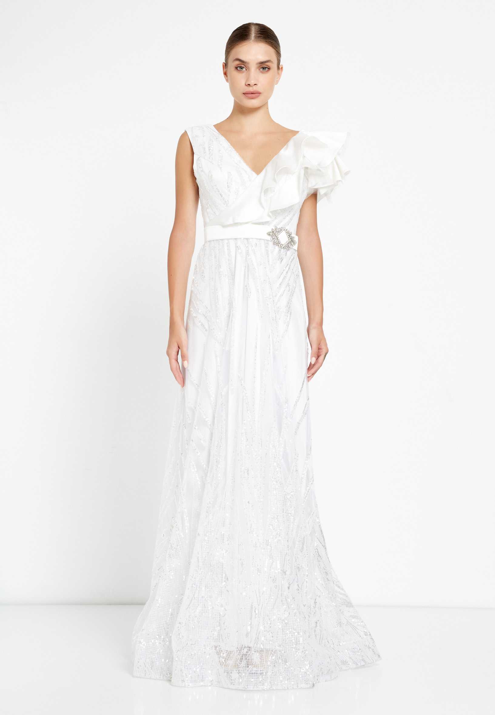 Short Sleeve Maxi Sequin A - Line Regular Prom Dress rmn2908 - Image 21