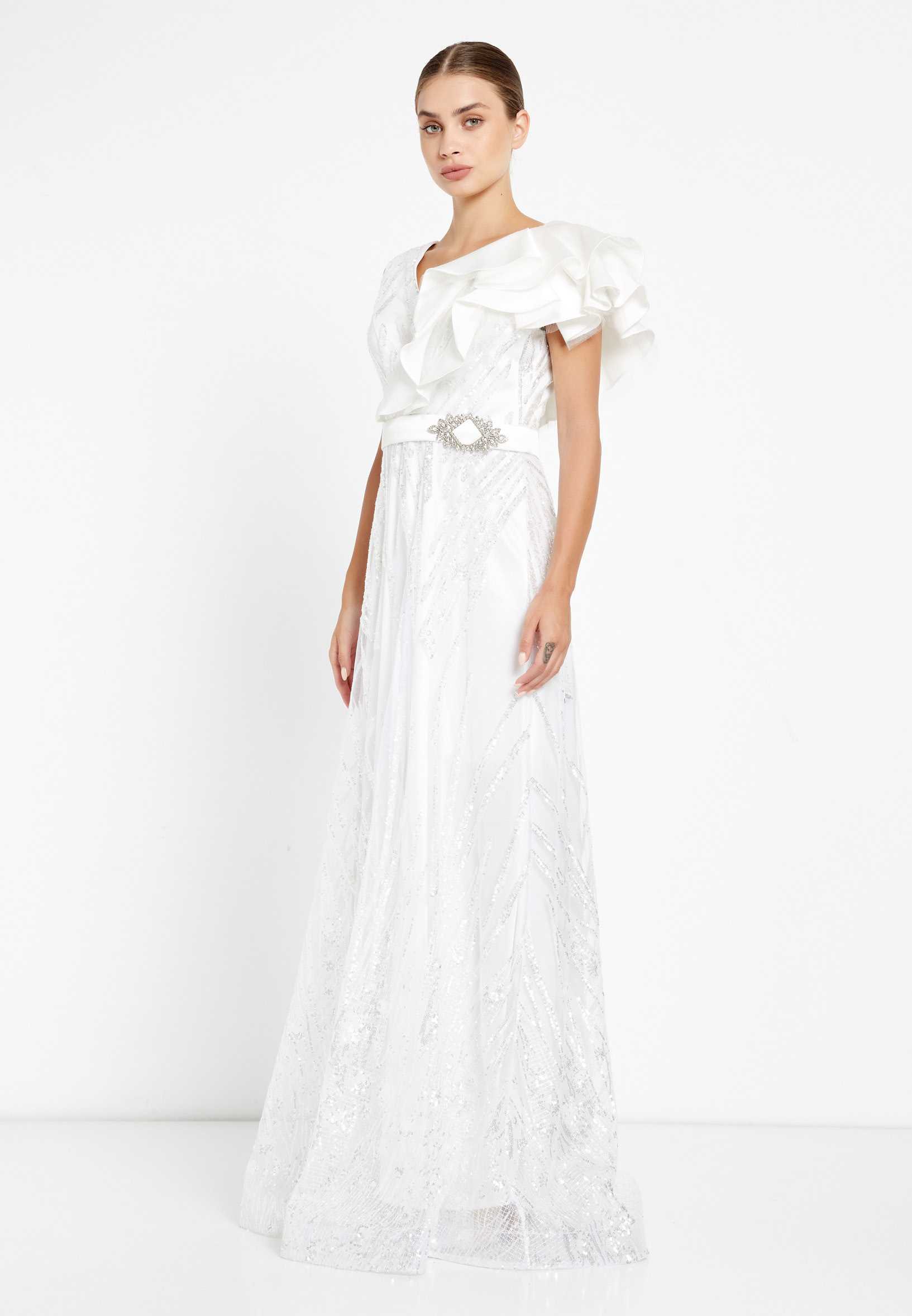 Short Sleeve Maxi Sequin A - Line Regular Prom Dress rmn2908 - Image 23