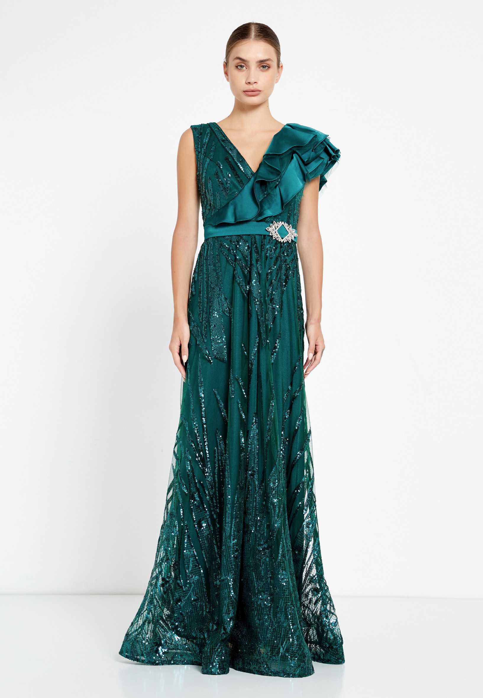 Short Sleeve Maxi Sequin A - Line Regular Prom Dress rmn2908 - Image 5
