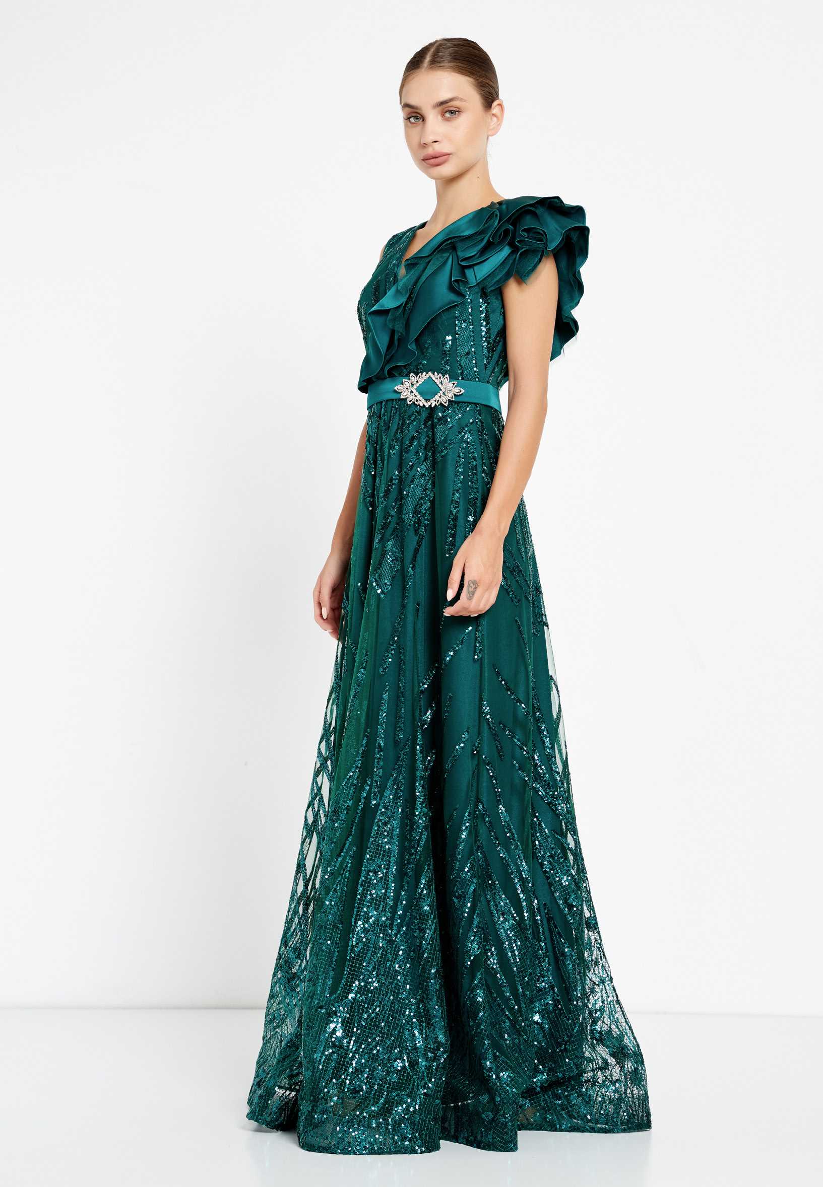 Short Sleeve Maxi Sequin A - Line Regular Prom Dress rmn2908 - Image 7