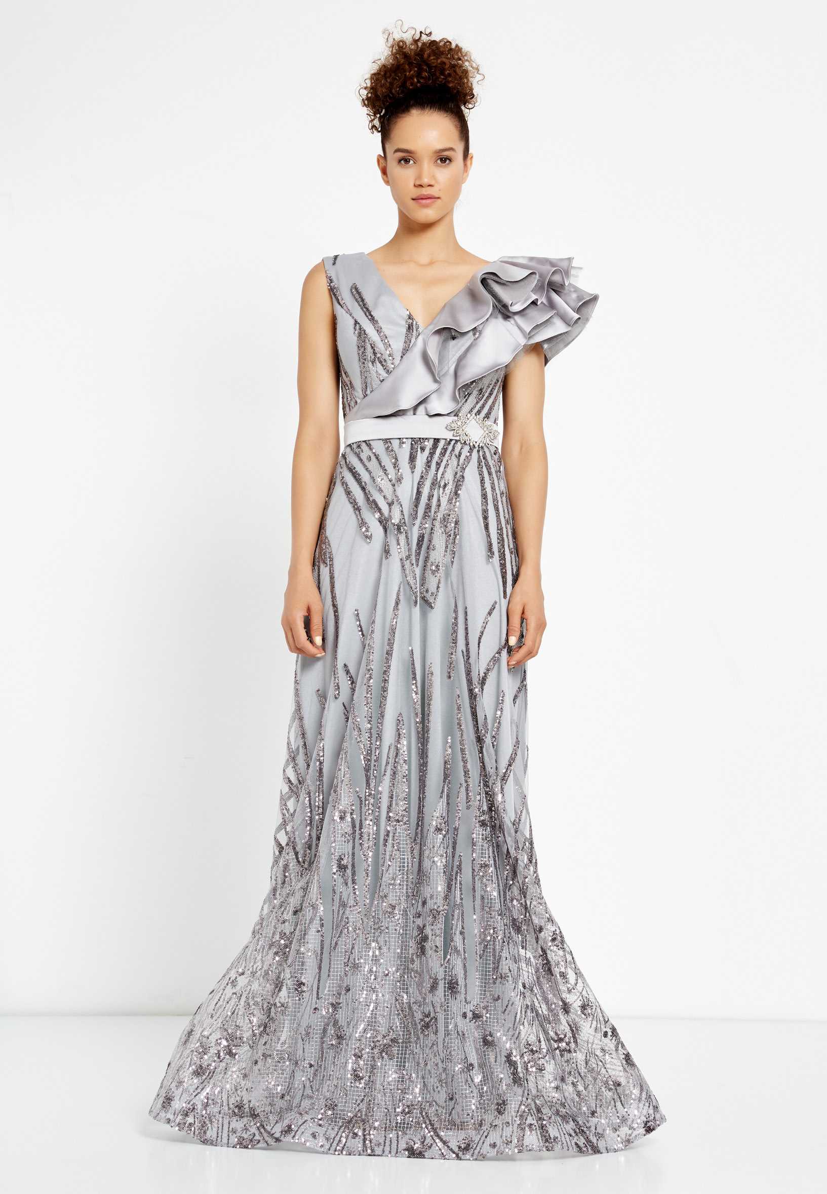 Short Sleeve Maxi Sequin A - Line Regular Prom Dress rmn2908 - Image 9