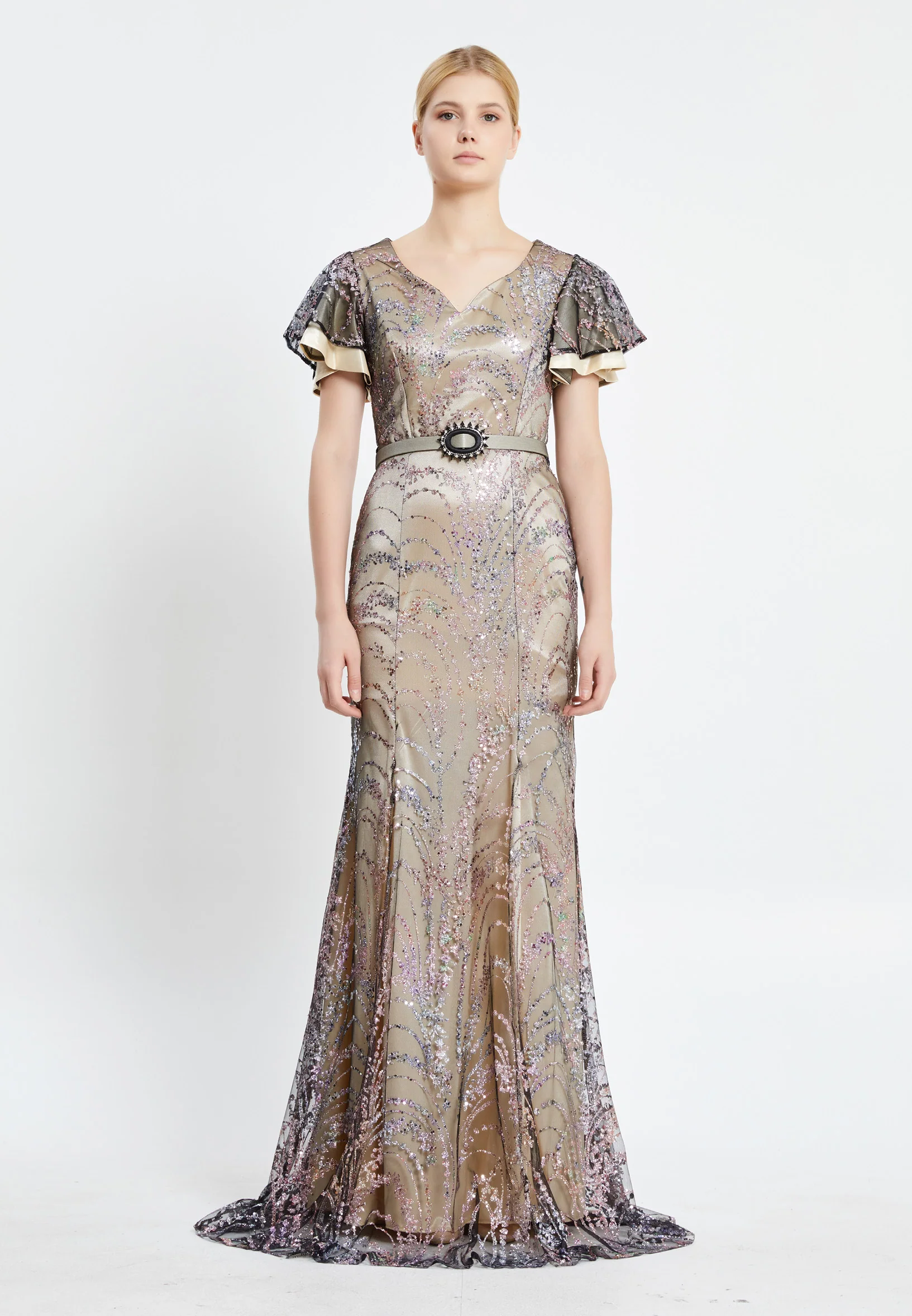 Short Sleeve Maxi Sequin Column Regular Evening Dress pnl7080