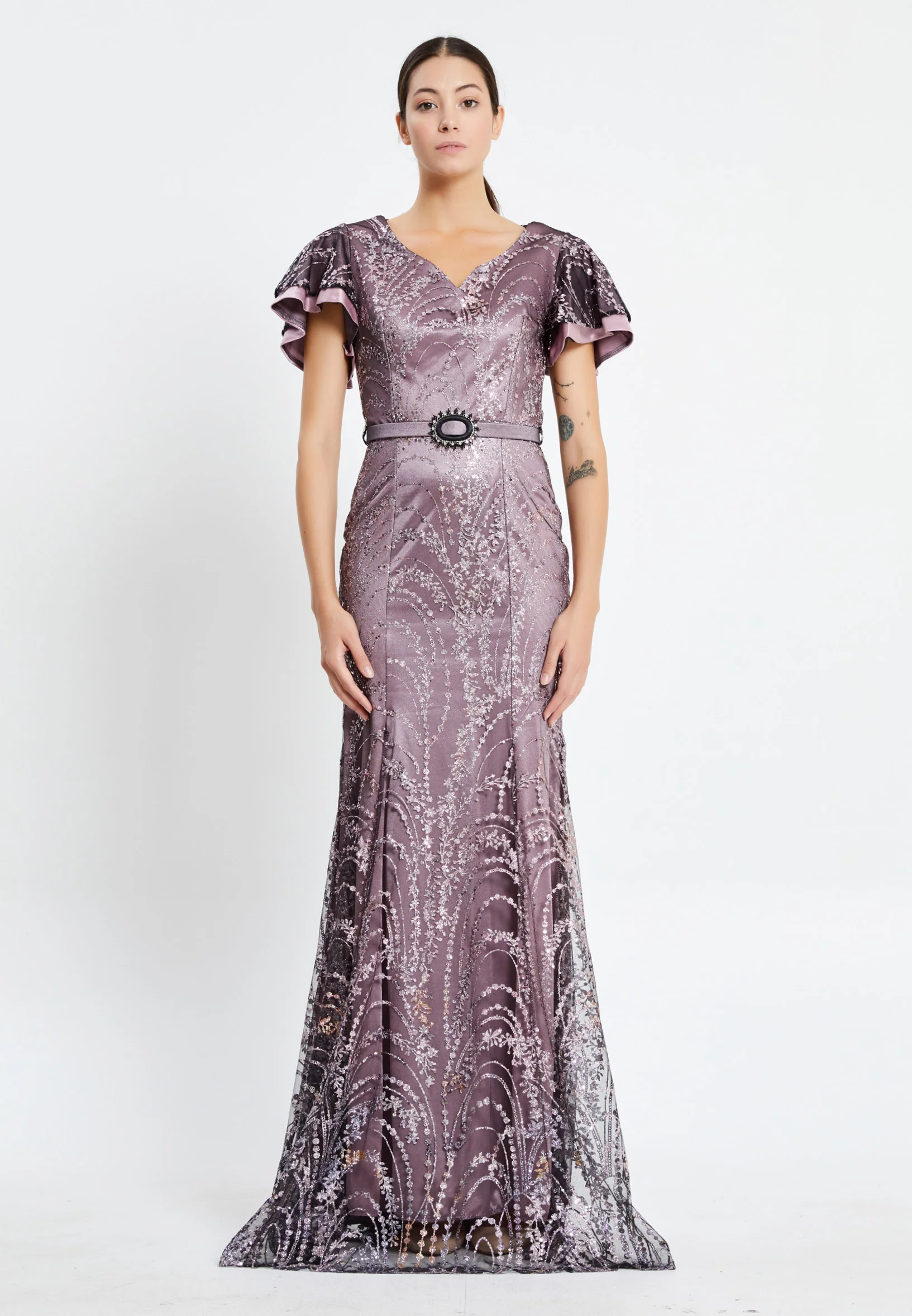 Short Sleeve Maxi Sequin Column Regular Evening Dress pnl7080 - Image 17