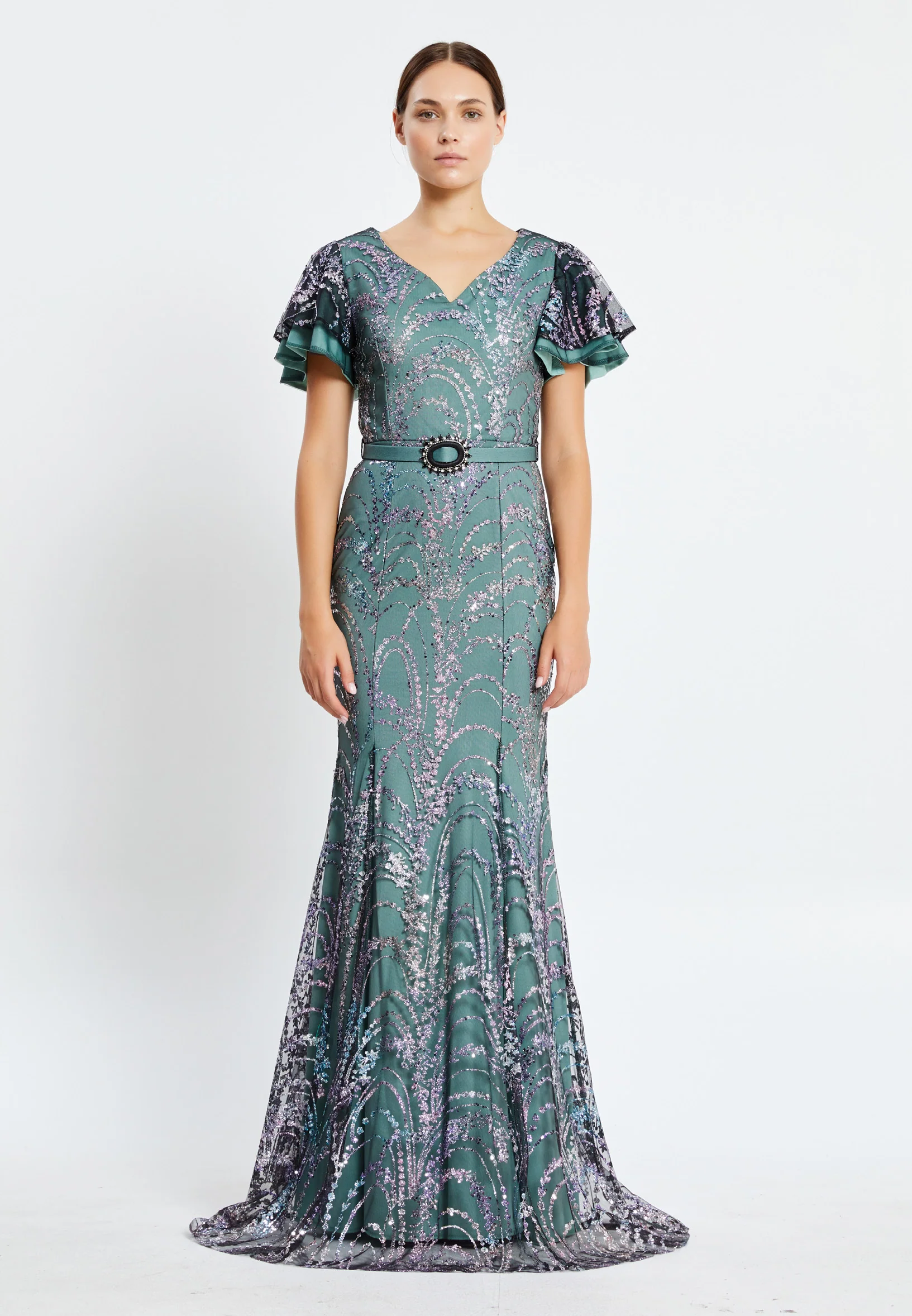 Short Sleeve Maxi Sequin Column Regular Evening Dress pnl7080 - Image 21