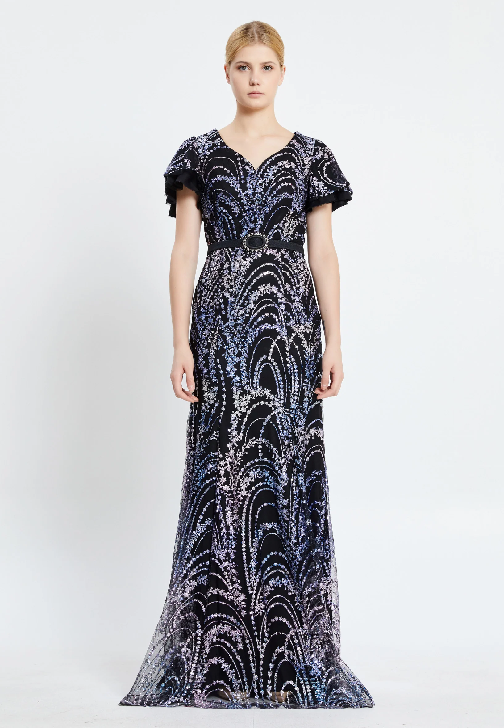 Short Sleeve Maxi Sequin Column Regular Evening Dress pnl7080 - Image 5