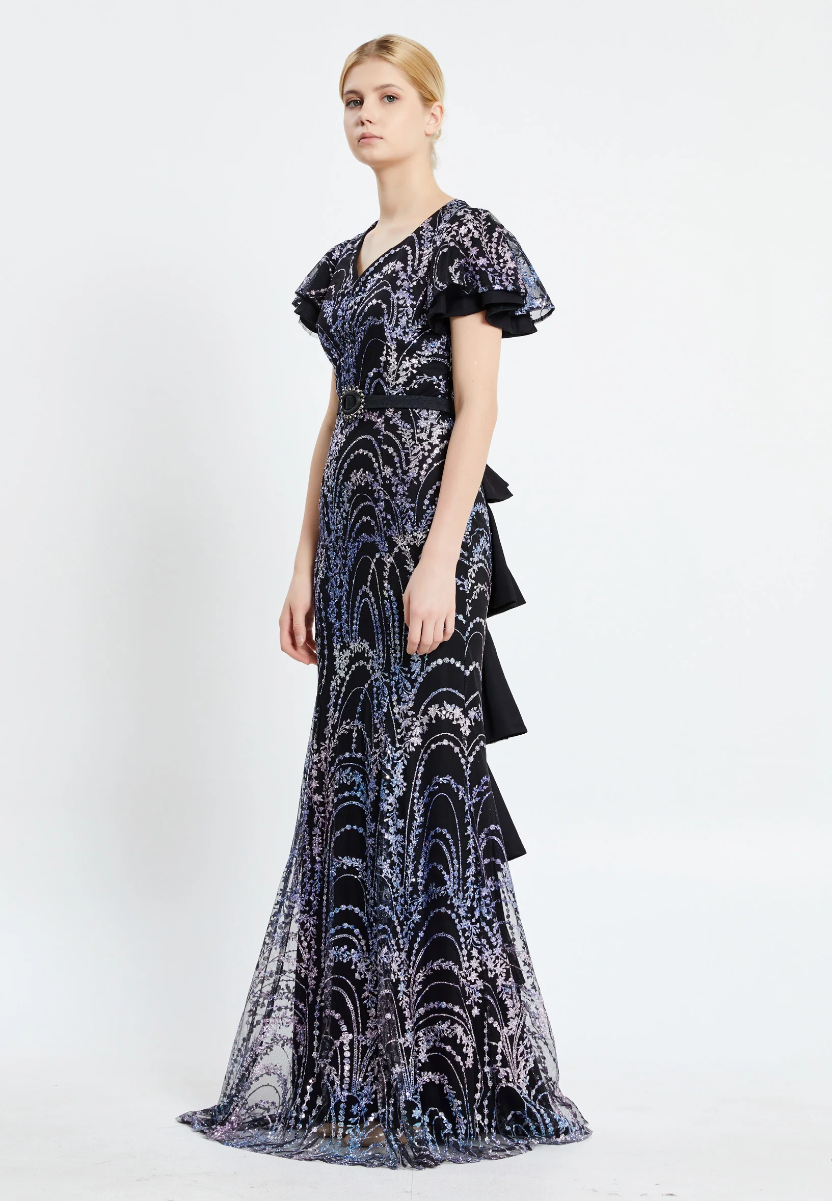 Short Sleeve Maxi Sequin Column Regular Evening Dress pnl7080 - Image 7