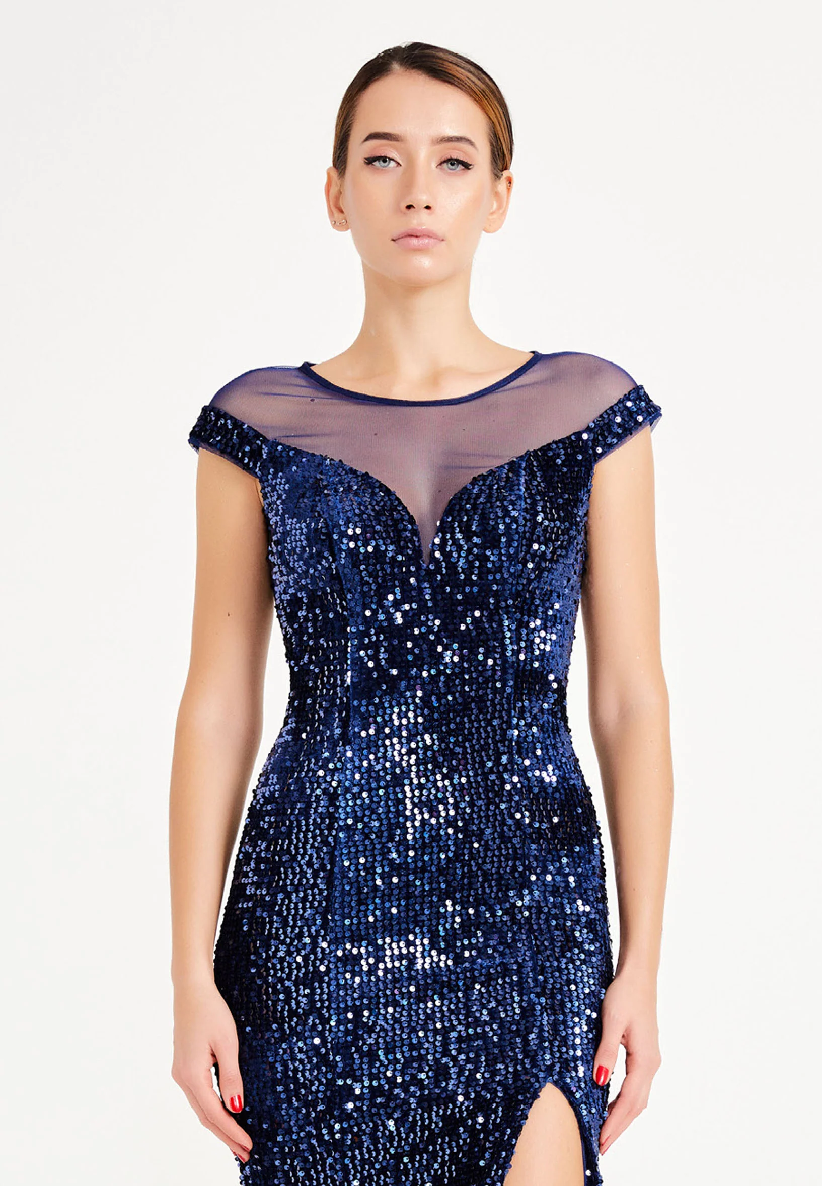 Short Sleeve Maxi Sequin Mermaid Regular Prom Dress frc4938 - Image 20