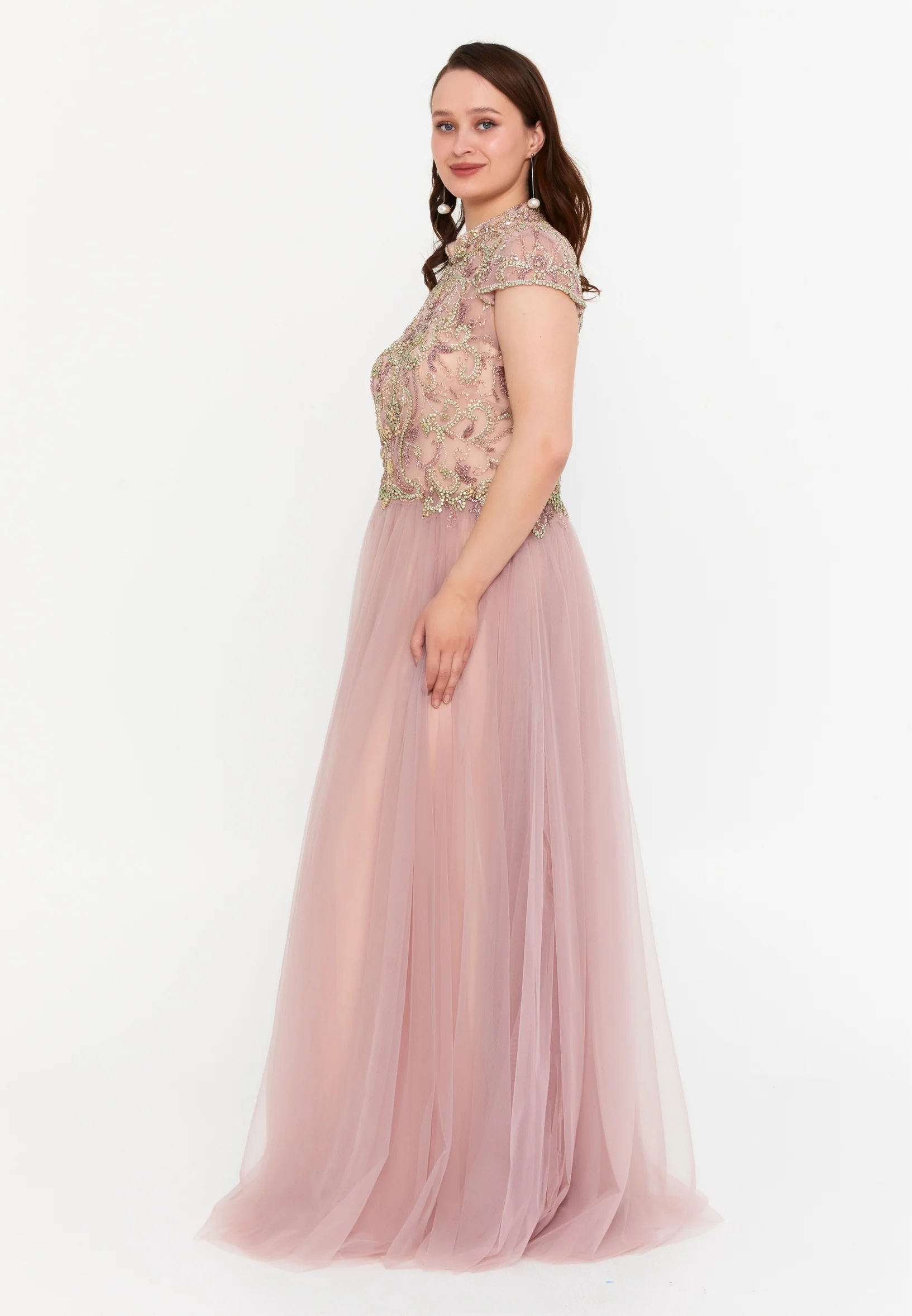 Short Sleeve Maxi Tulle A - Line Plus Size Prom Dress mtc7557 - Image 3