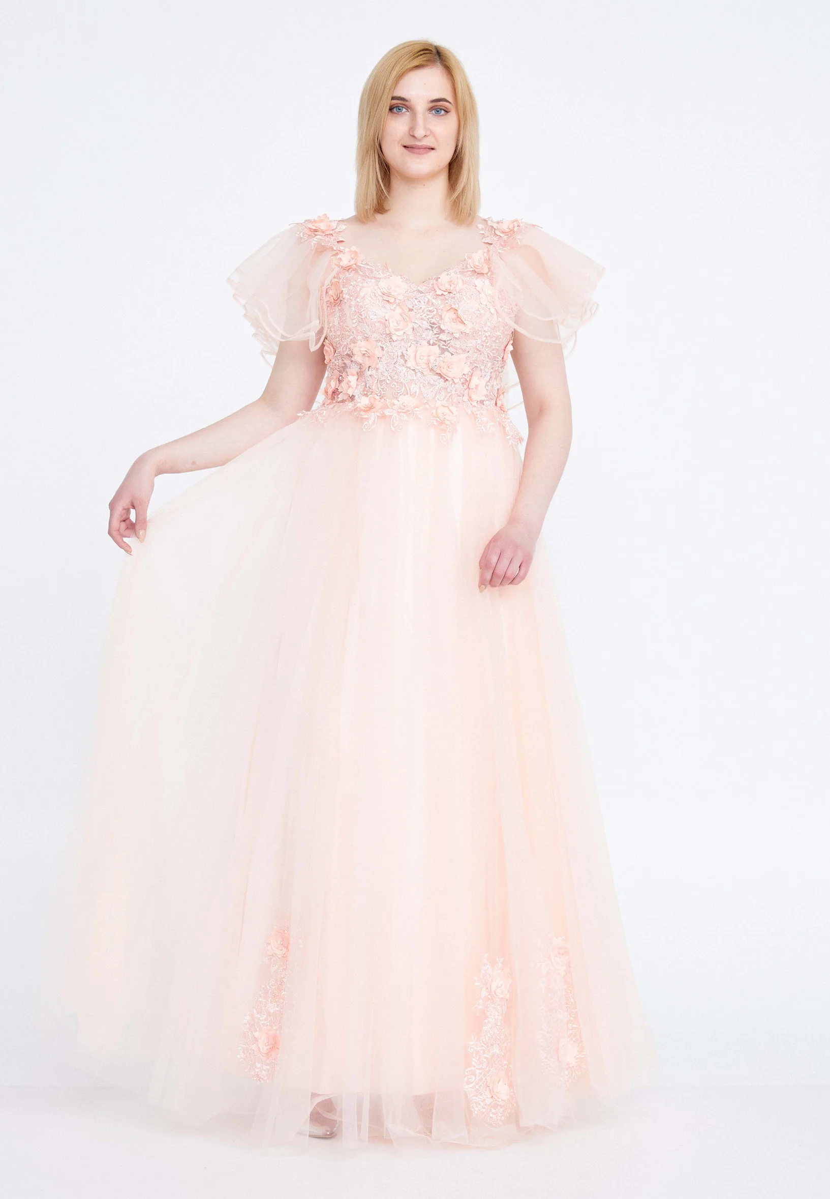Short Sleeve Maxi Tulle A - Line Plus Size Prom Dress ses2161-b