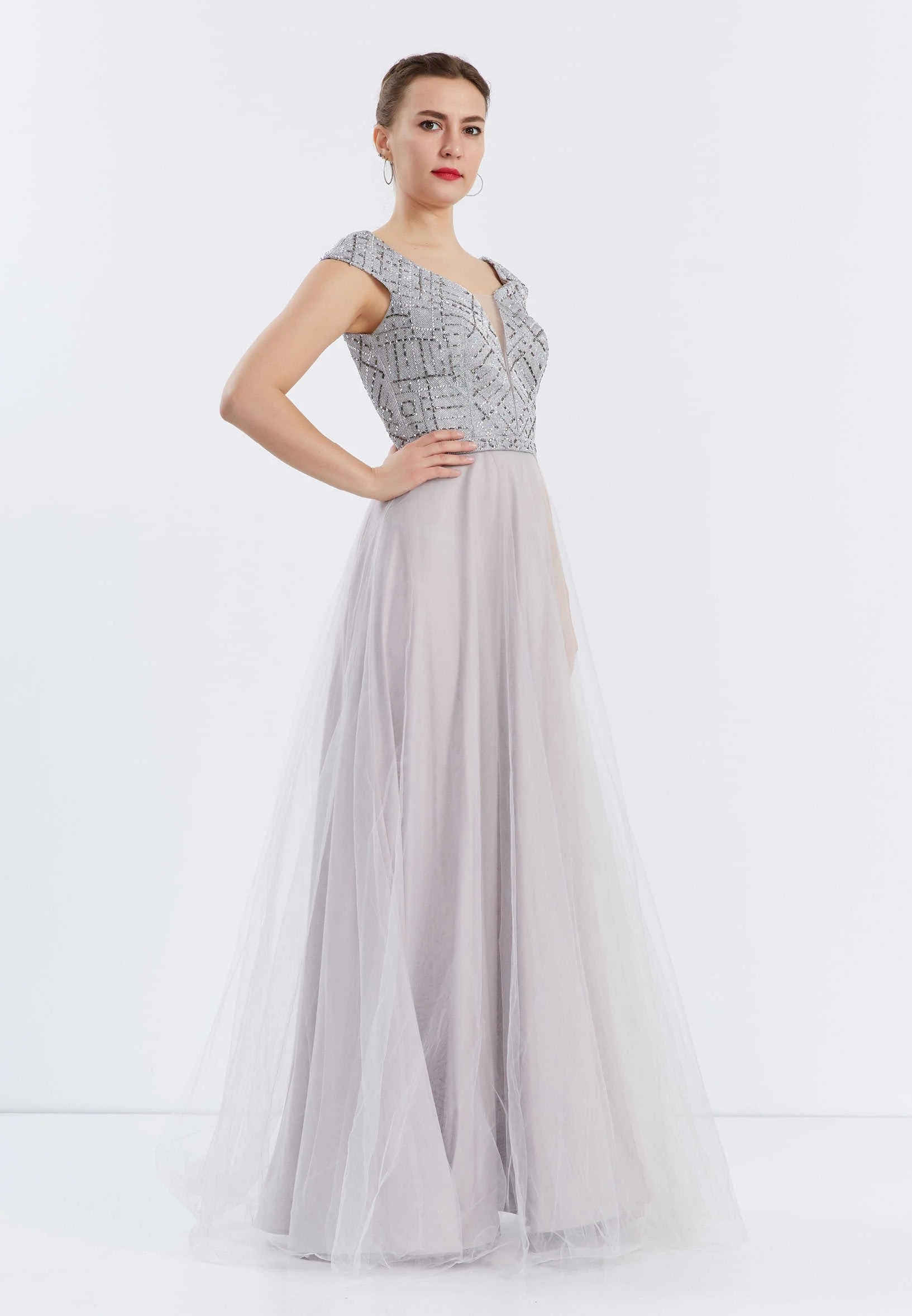 Short Sleeve Maxi Tulle A - Line Regular Prom Dress frc6298 - Image 3