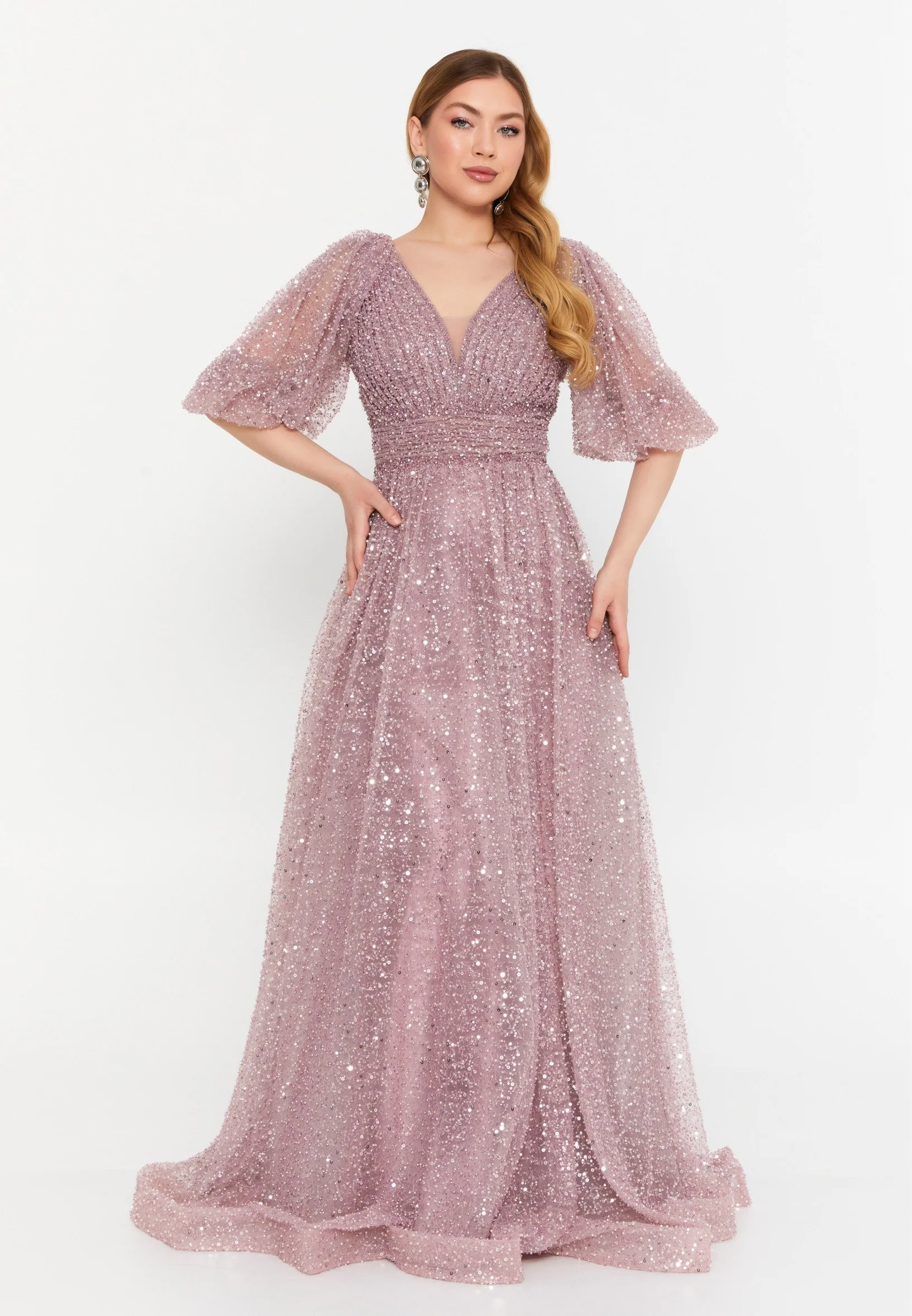 Short Sleeve Maxi Tulle A - Line Regular Prom Dress mtc1151
