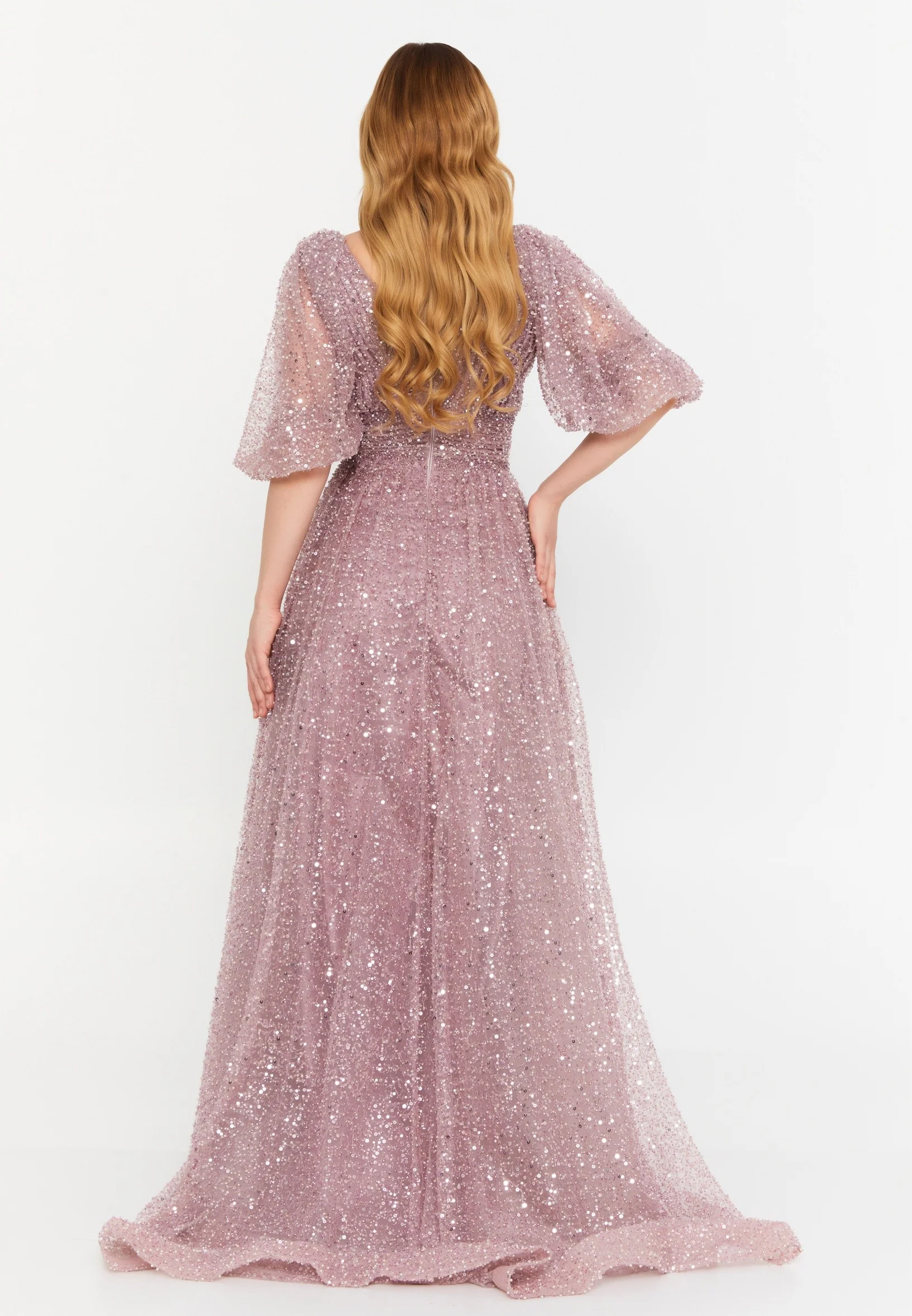 Short Sleeve Maxi Tulle A - Line Regular Prom Dress mtc1151 - Image 2