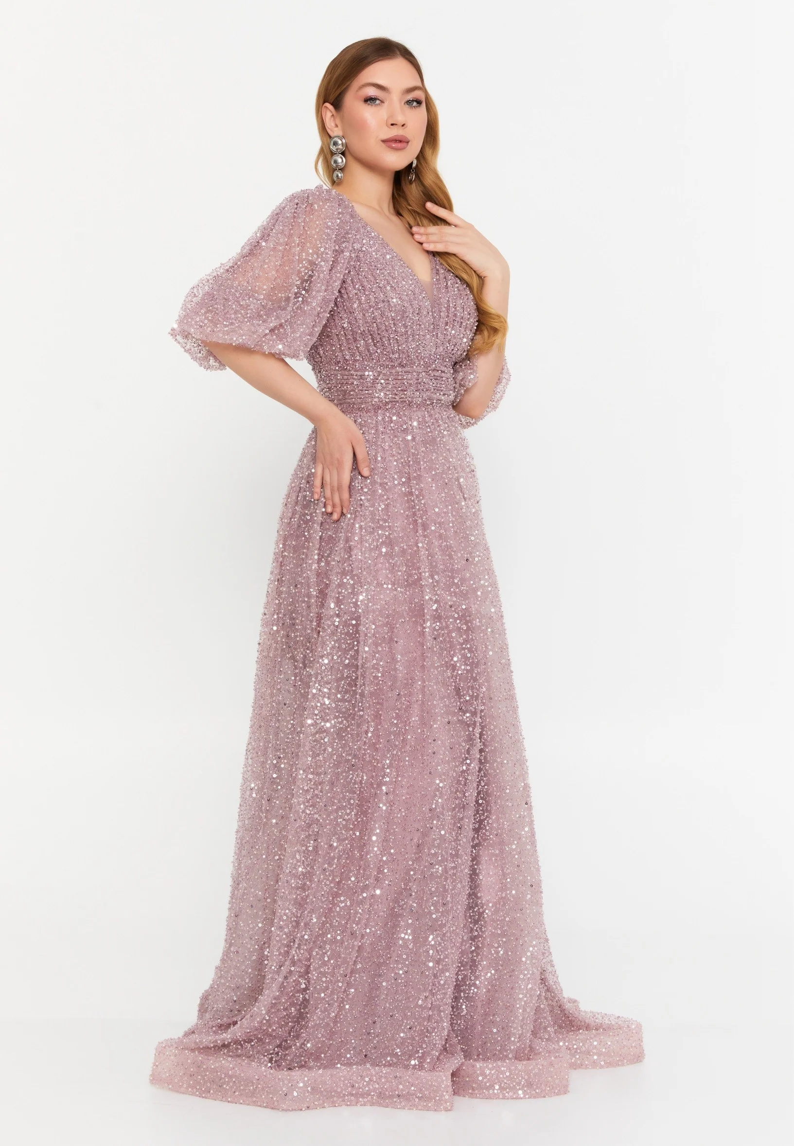 Short Sleeve Maxi Tulle A - Line Regular Prom Dress mtc1151 - Image 3