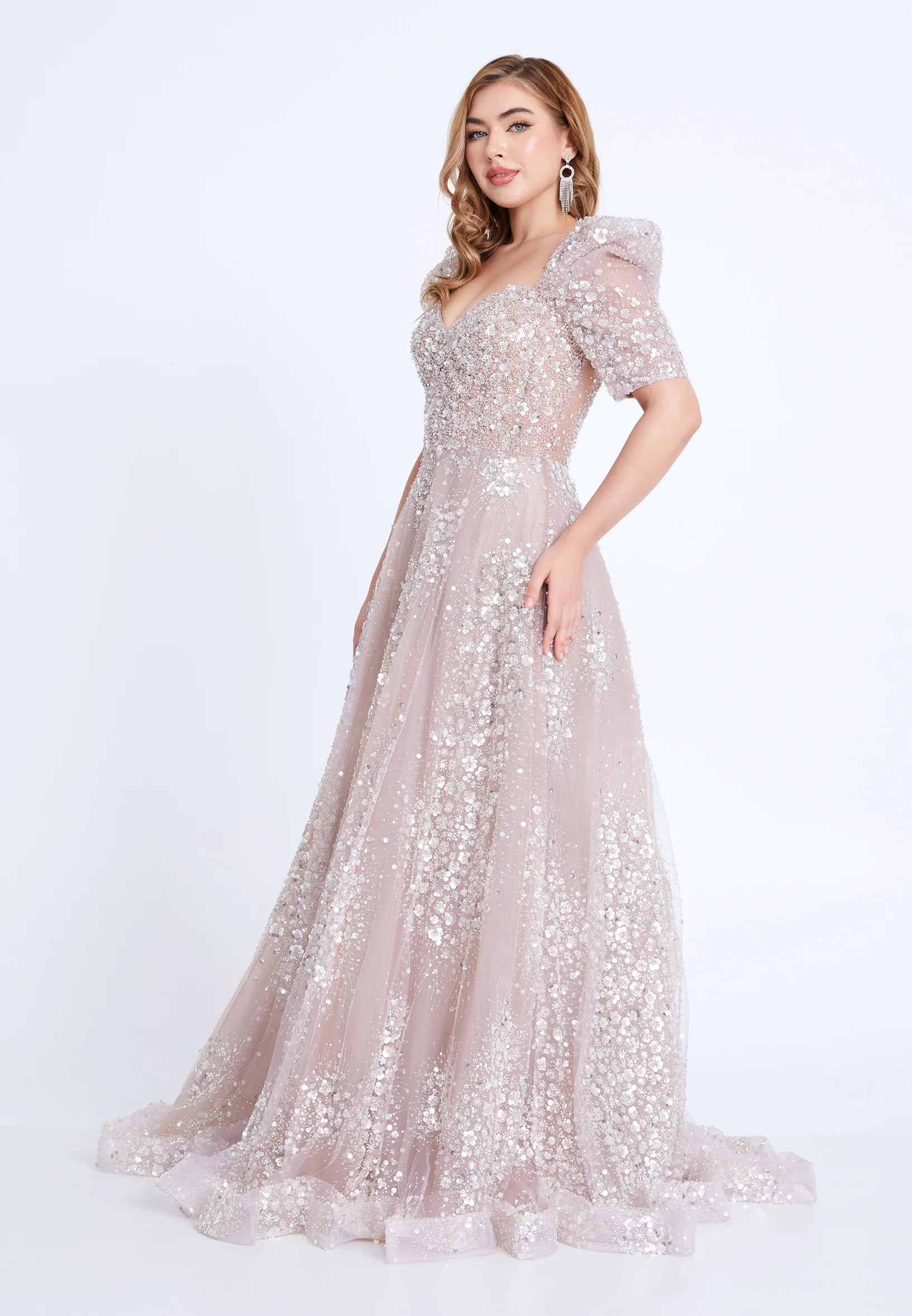 Short Sleeve Maxi Tulle A - Line Regular Prom Dress mti1041 - Image 7