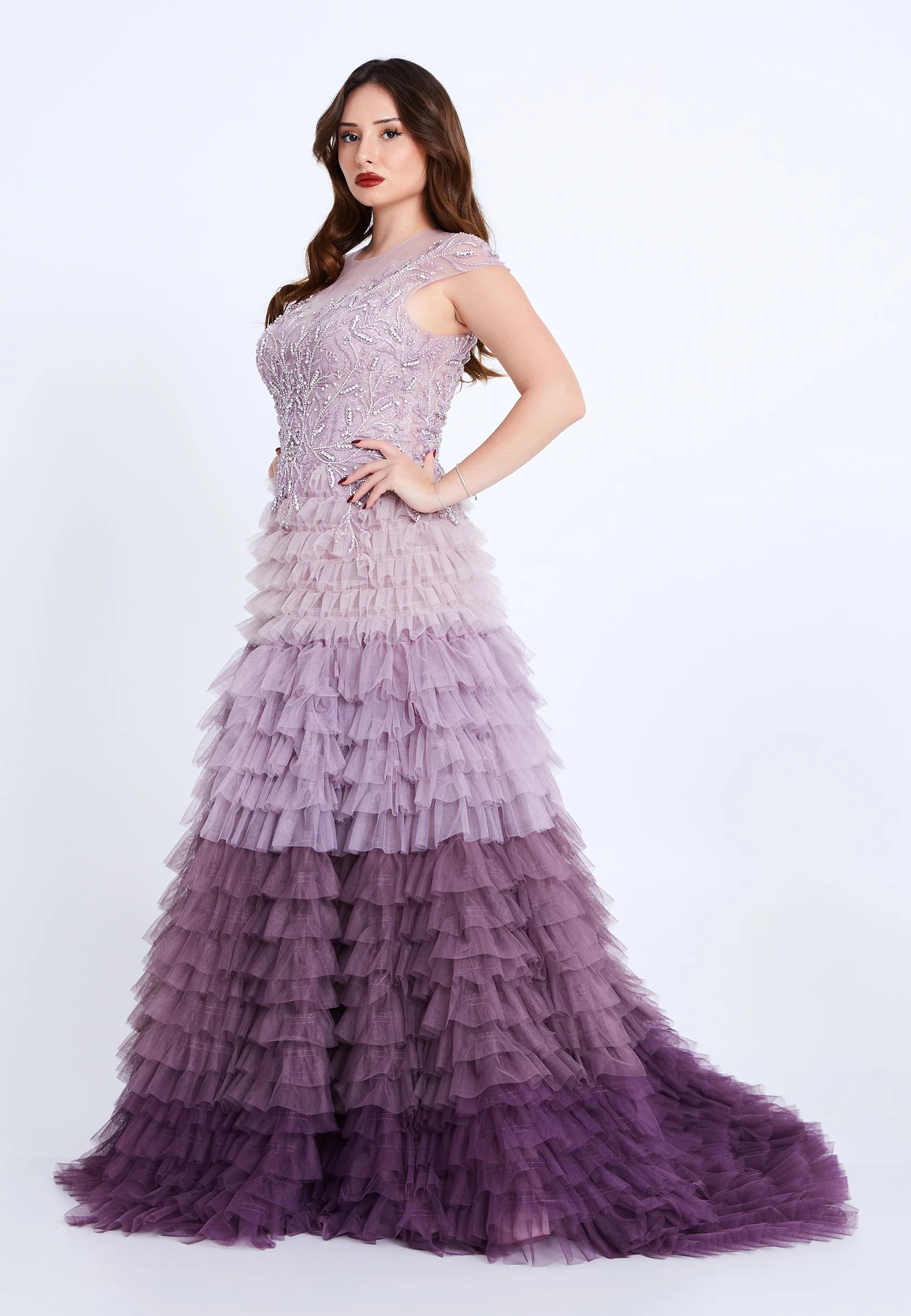 Short Sleeve Maxi Tulle A - Line Regular Prom Dress mti1210 - Image 11