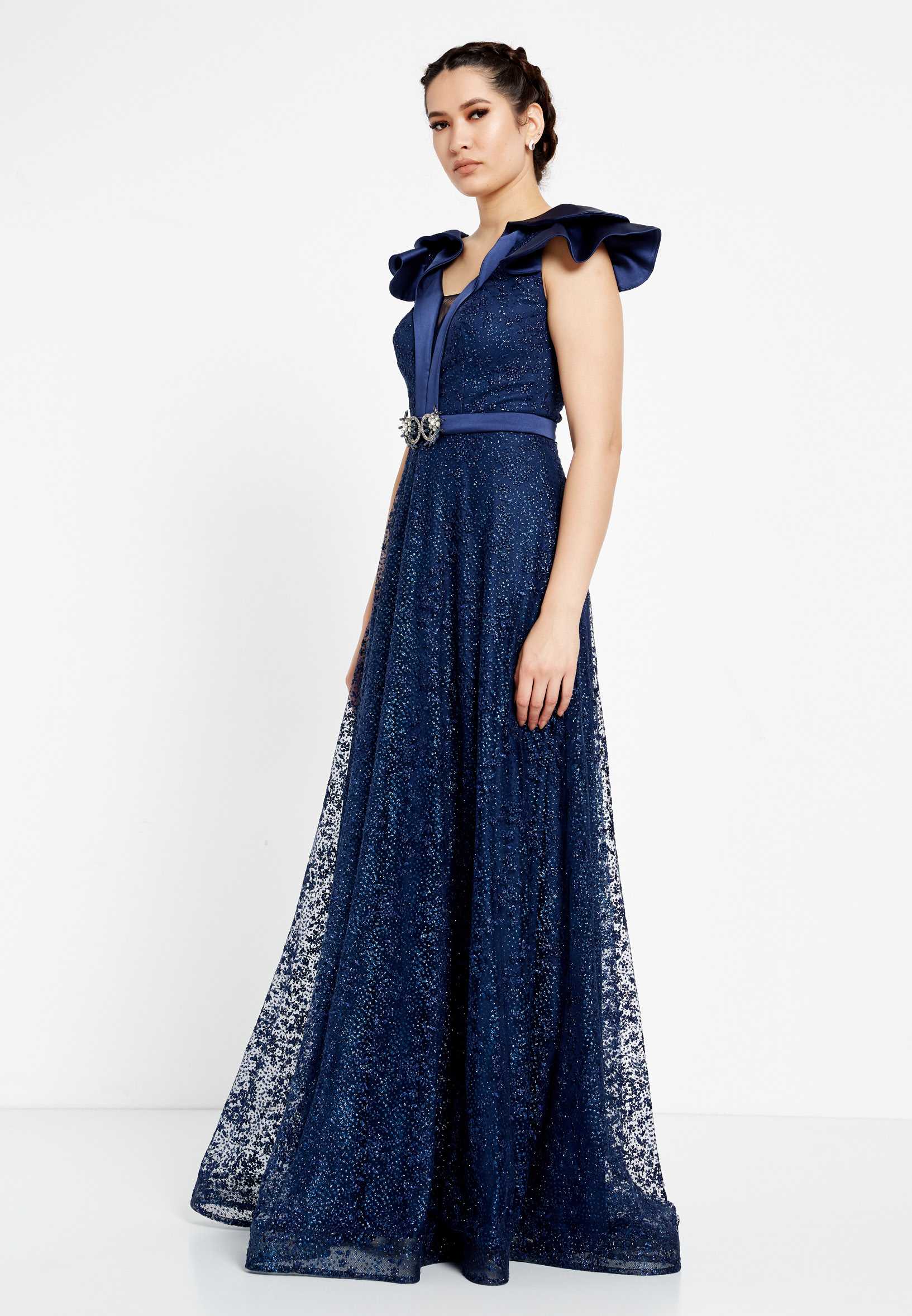 Short Sleeve Maxi Tulle A - Line Regular Prom Dress rmn2913 - Image 11