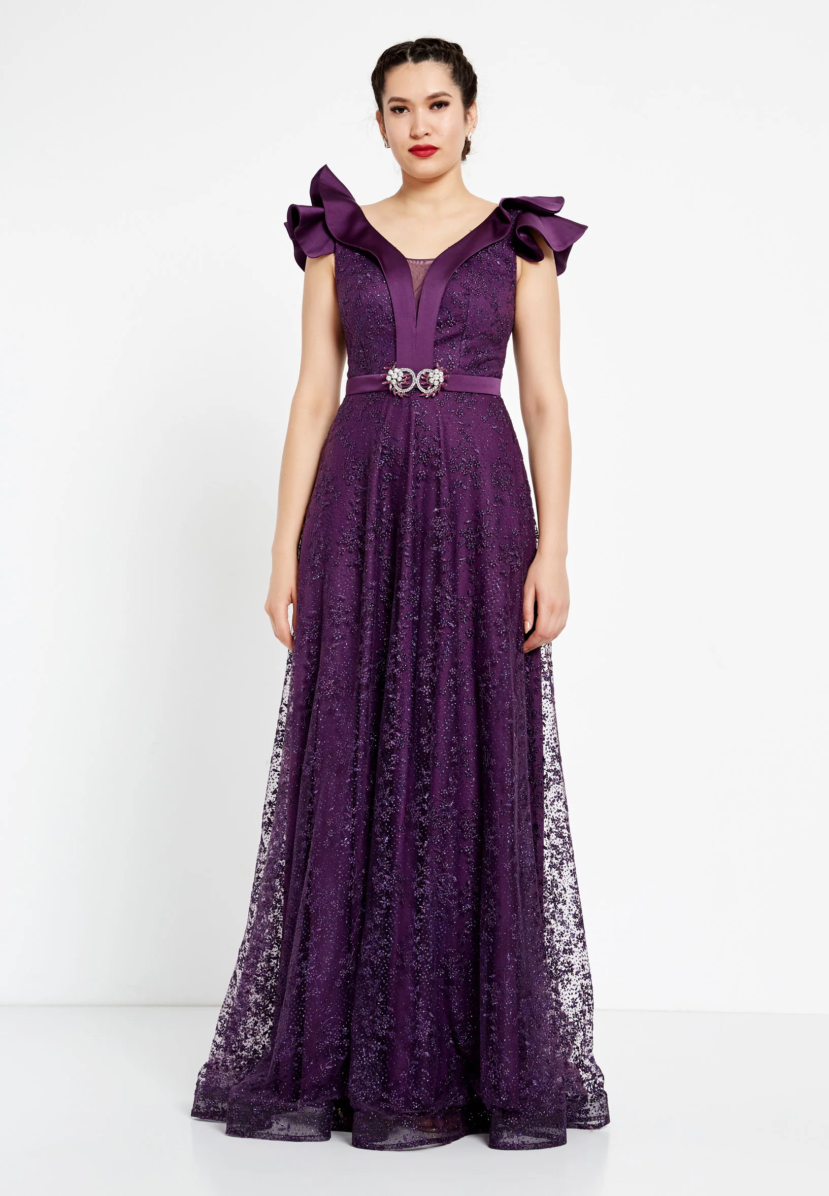 Short Sleeve Maxi Tulle A - Line Regular Prom Dress rmn2913 - Image 13