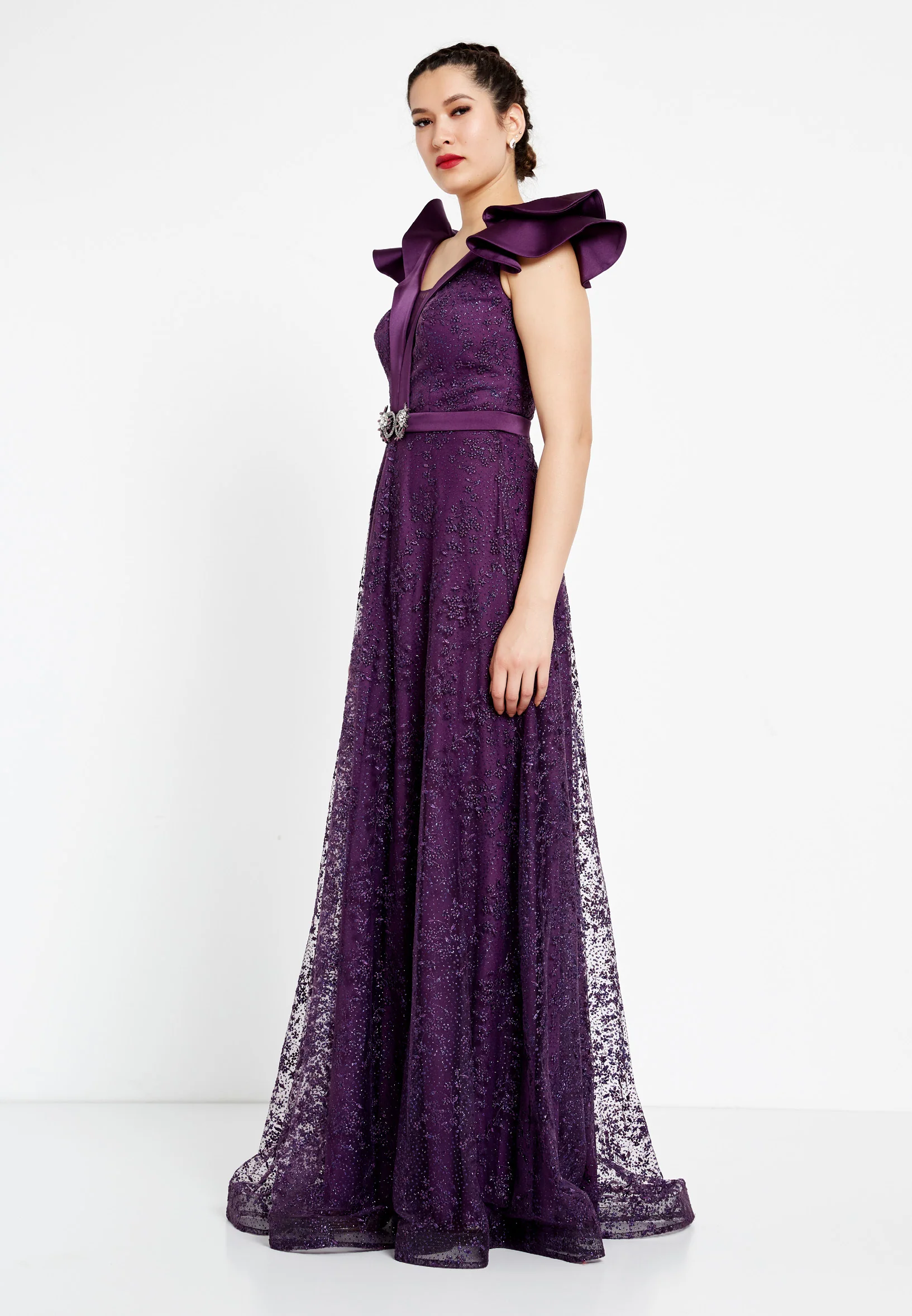 Short Sleeve Maxi Tulle A - Line Regular Prom Dress rmn2913 - Image 15