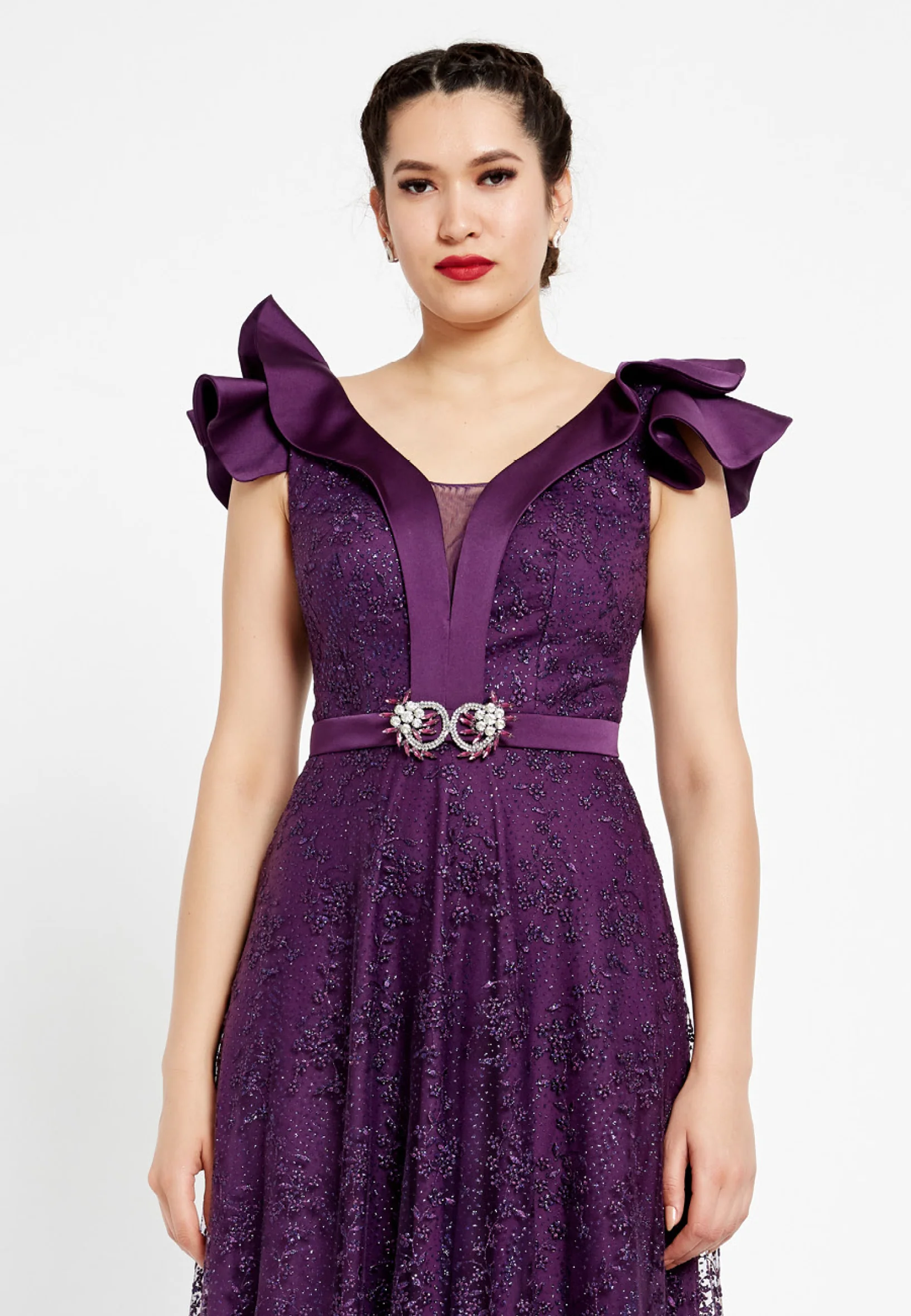 Short Sleeve Maxi Tulle A - Line Regular Prom Dress rmn2913 - Image 16